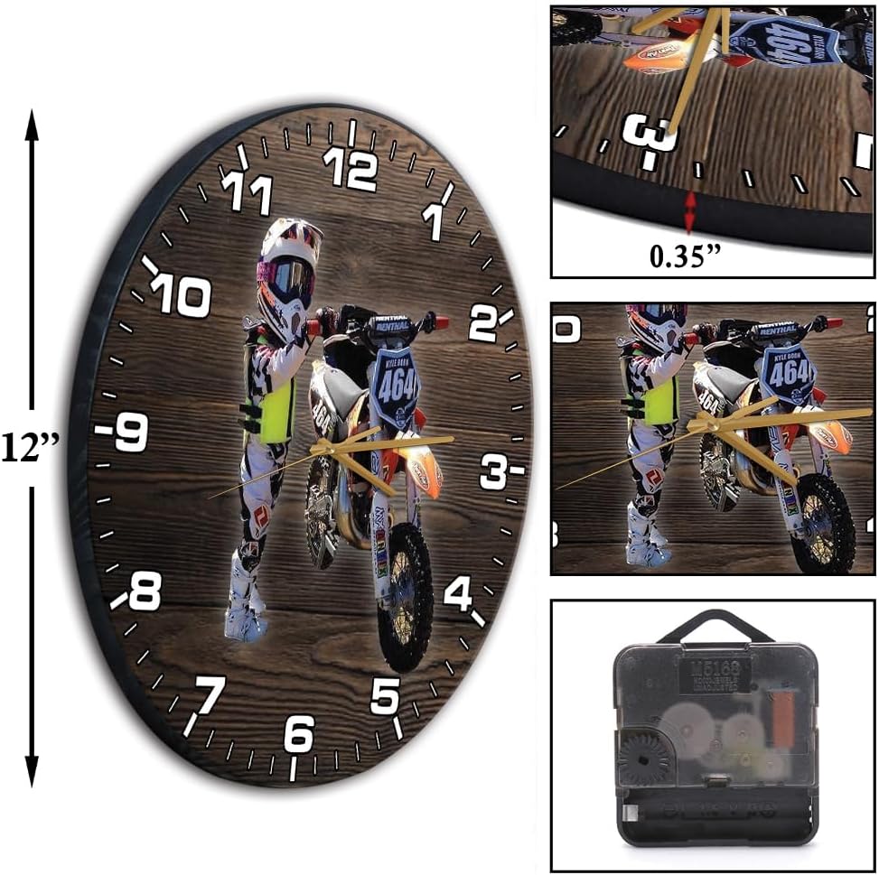 Custom Motocross Room Decor Wall Clock - Personalized 12 Inch Wooden Dirt Bike Picture Clock - Silent MX Rider Gift for Kids Room, Bedroom, Garage, Man Cave