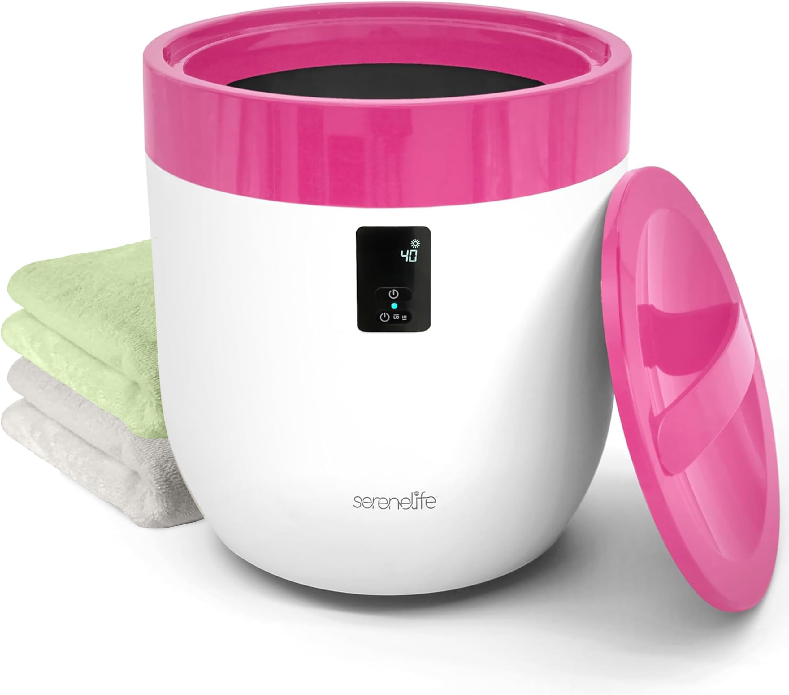 SereneLife Towel Warmer Bucket for Bathroom & Spa, with Customized Fragrance, Luxury Hot Towel Heater, Auto Shut Off, Fits 1 Large Blanket, Bathrobe, PJs (Pink)