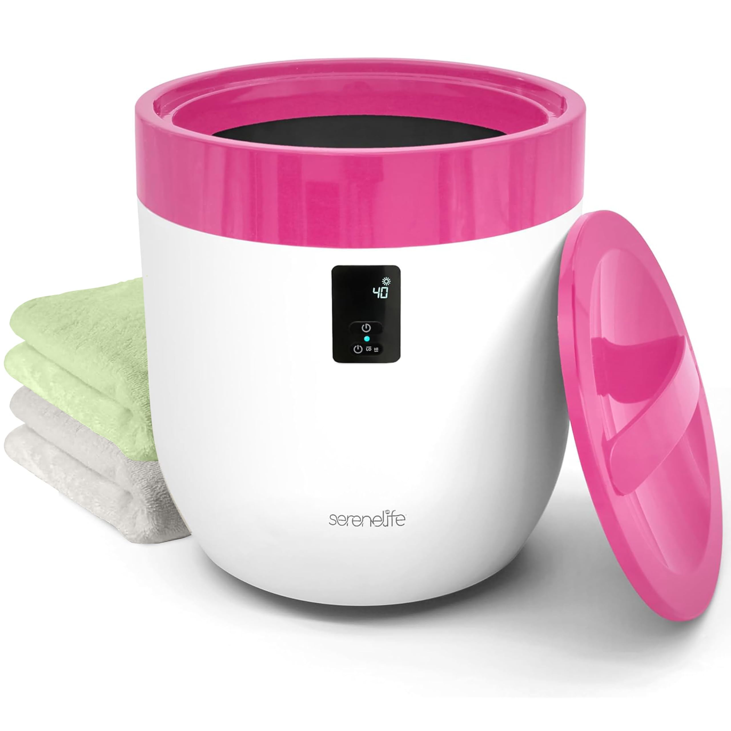 SereneLife Towel Warmer Bucket for Bathroom & Spa, with Customized Fragrance, Luxury Hot Towel Heater, Auto Shut Off, Fits 1 Large Blanket, Bathrobe, PJs (Pink)