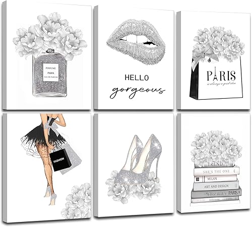 Decoración de pared de moda gris glamorosa, arte de pared enmarcado para sala de maquillaje, arte de pared de sala de belleza plateada para oficina,