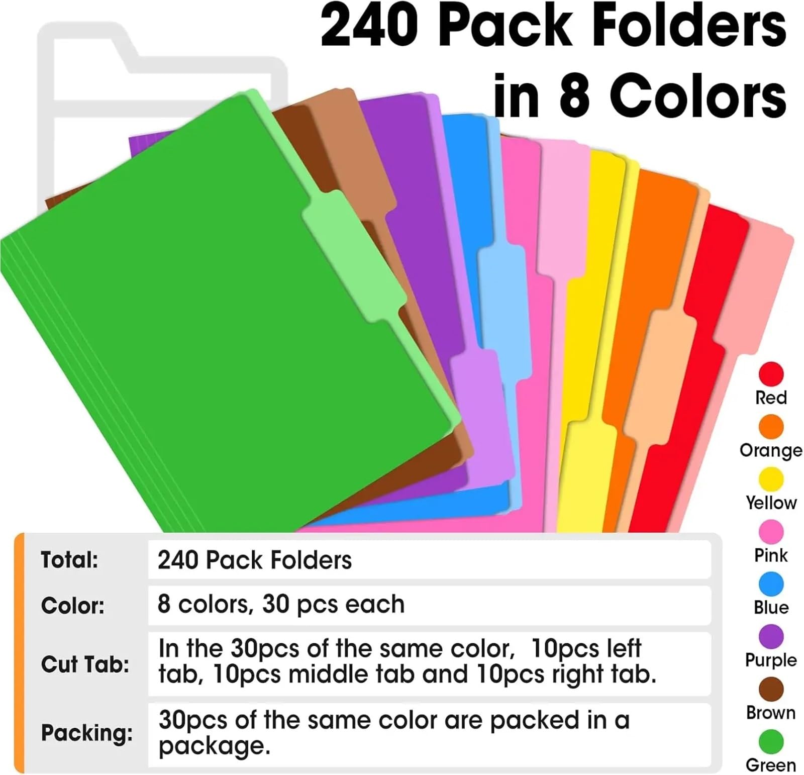 Farbige Aktenmappen, 1/3-Zoll-Reiter, Briefgröße, 21,6 x 27,9 cm, sortiert, für Büro, Schule, 240 Stück
