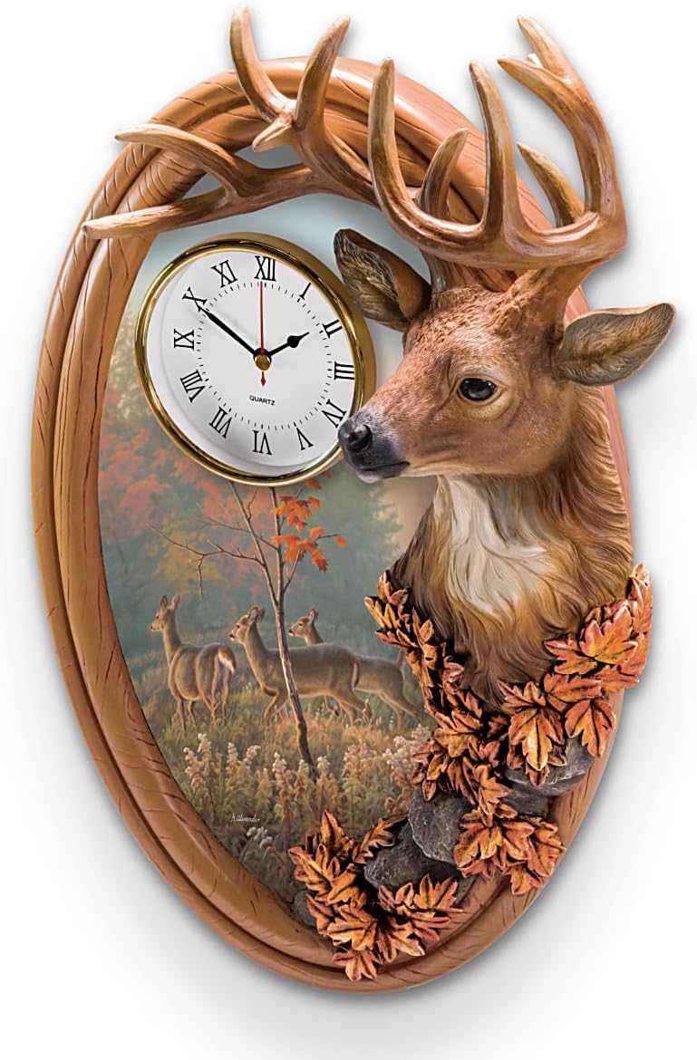 The Bradford Exchange Majestic Guardian 17" High Oval Sculptural Wall Clock with A Woodgrain Finish Adorned with 2D and Sculpted 3D Deer Art by Artist Greg Alexander