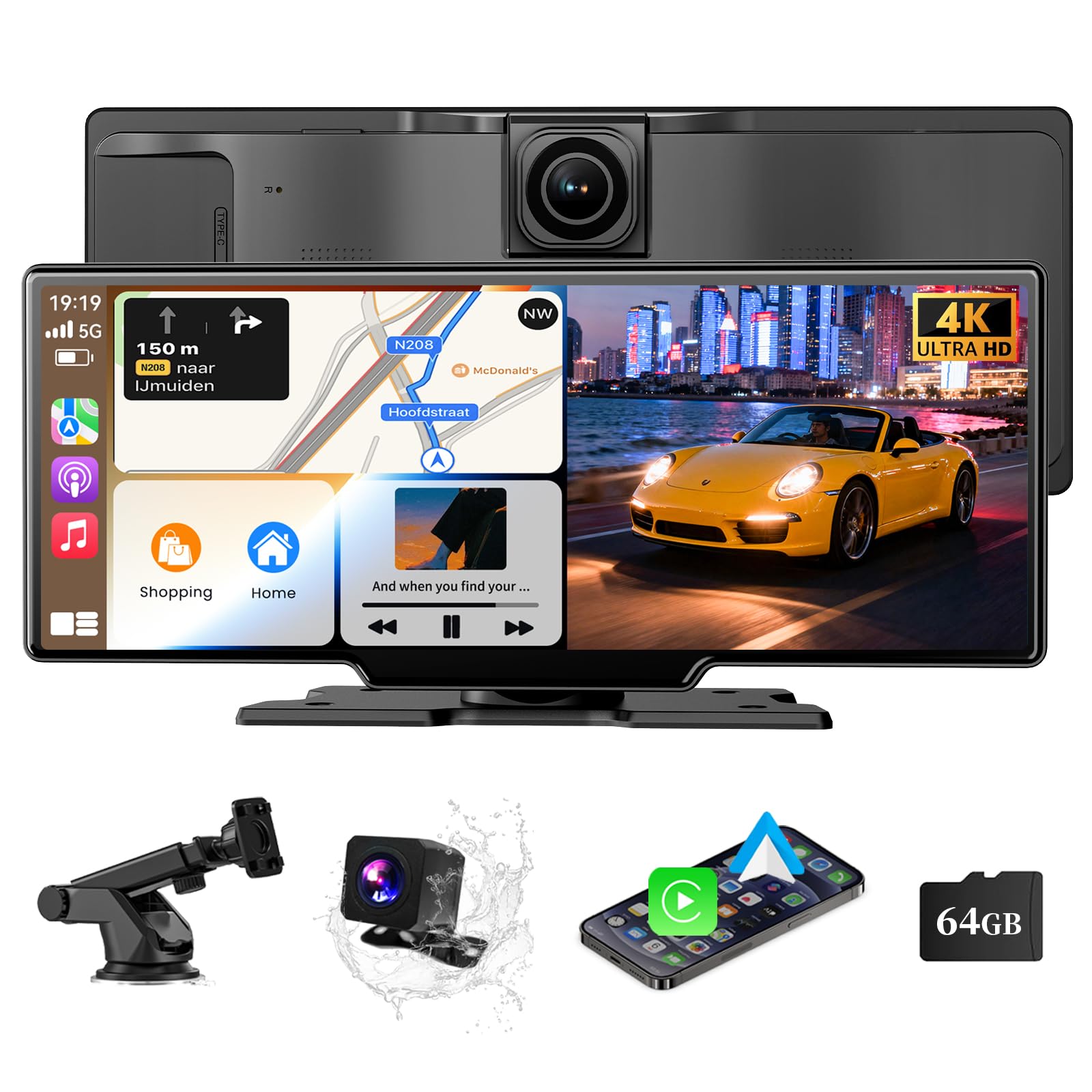 Wireless Carplay Screen, 10.26"Portable Car play & Android Auto Touch Screen, Bluetooth Double Din Car Stereo with 4K Dash Cam,1080P Backup Camera/Mirror Link/Voice Control/GPS/AUX/FM for All Vehicles