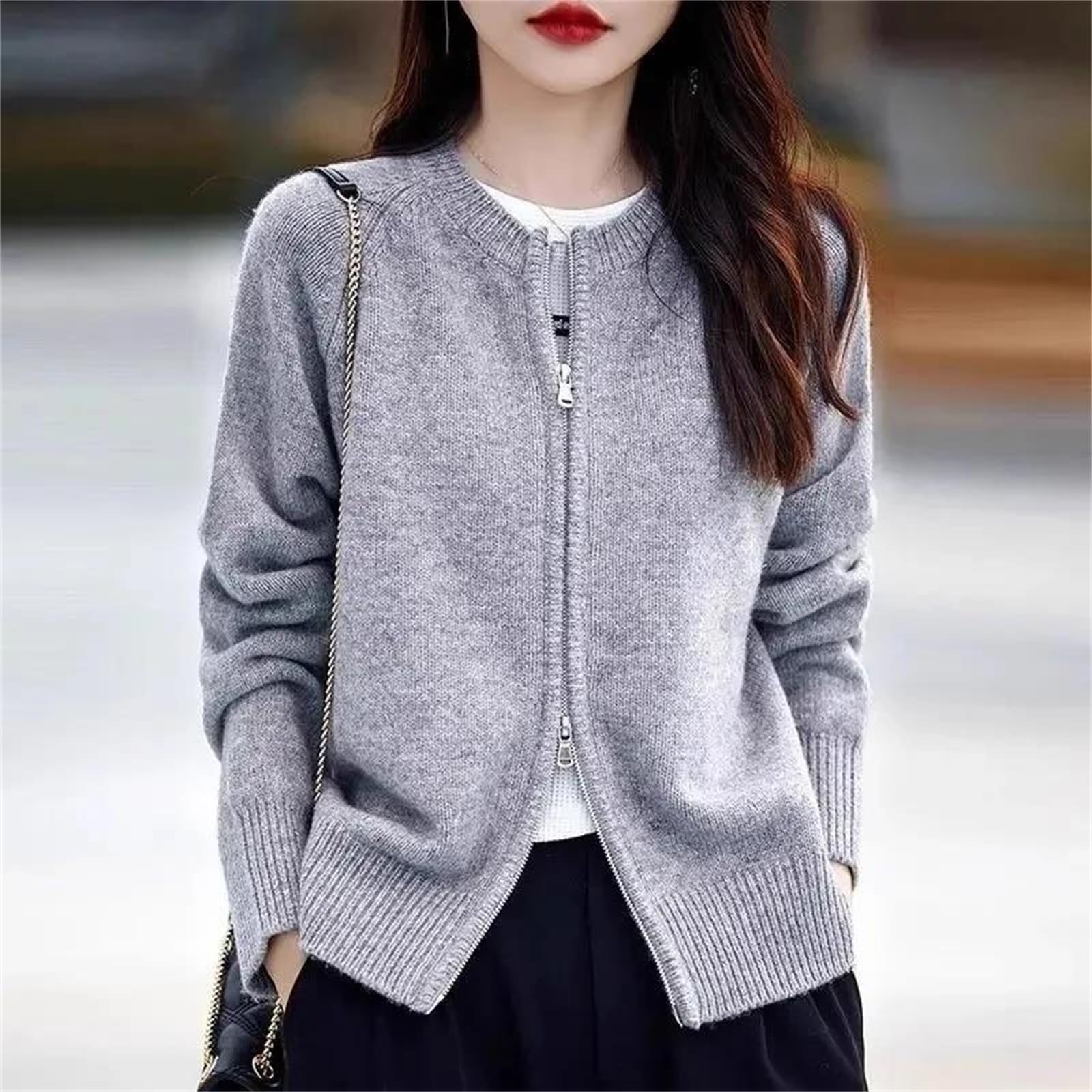 Cárdigan de gran tamaño con doble cremallera para mujer, cuello redondo, manga larga, chaqueta de punto liso, para otoño e invierno, ropa de abrigo casual