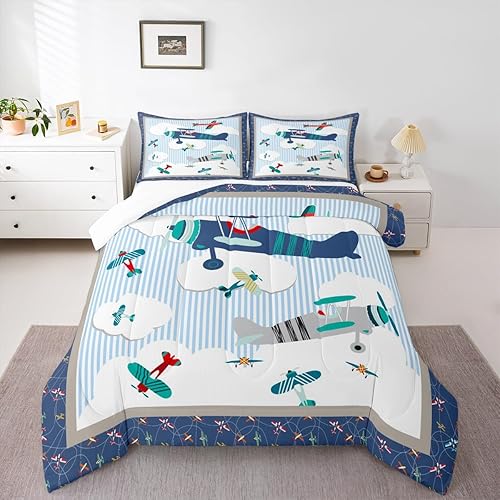 Miniatura 6 de Castle Fairy Juego de edredón de tamaño matrimonial de avión para niños, cielo azul y nubes blancas, juego de ropa de cama para niños, adultos,