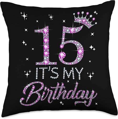 Happy 15 Years Old Teen Girls Birthday Gift Almohada de 15 coronas rosadas, feliz cumpleaños 15, 18 x 18 pulgadas, multicolor
