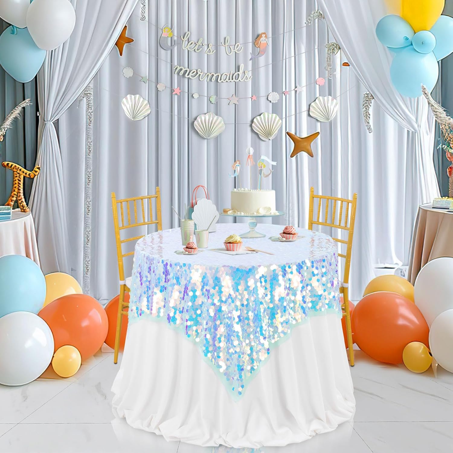QueenDream Green Sequin Table Cloth: 51x35 Inches Sequin Payette Tablecloth - Iridescent Glitter Fabric for Girls Wedding Mermaid Party Birthday Decorations