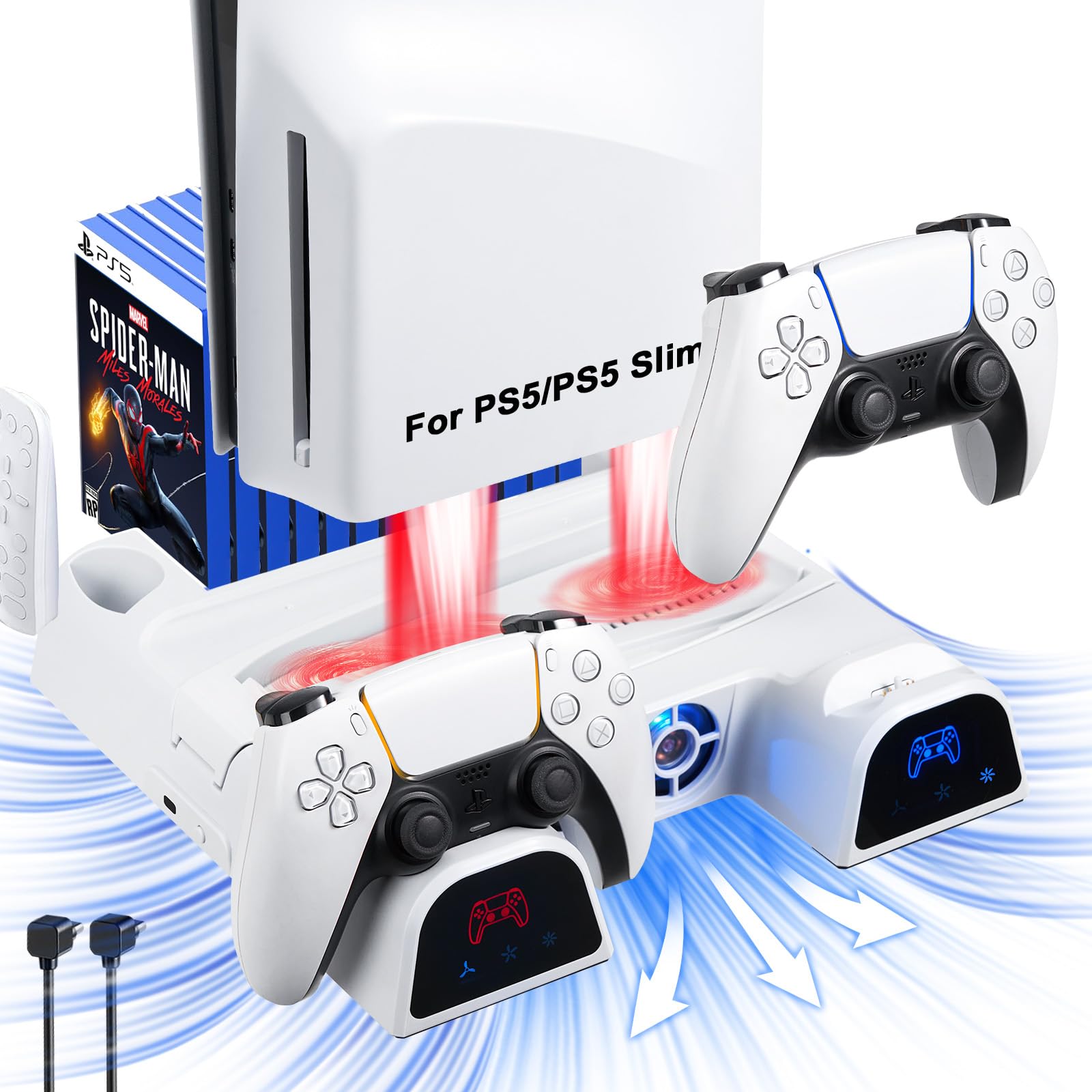 NALACAL PS5 Stand, PS5 Slim Stand and Cooling Station with Dual Controller Charger for Playstation 5 Console, PS5 Holder Accessories with Cooling Fan,11 Game Slot for PS5/PS5 Slim Disc & Digital