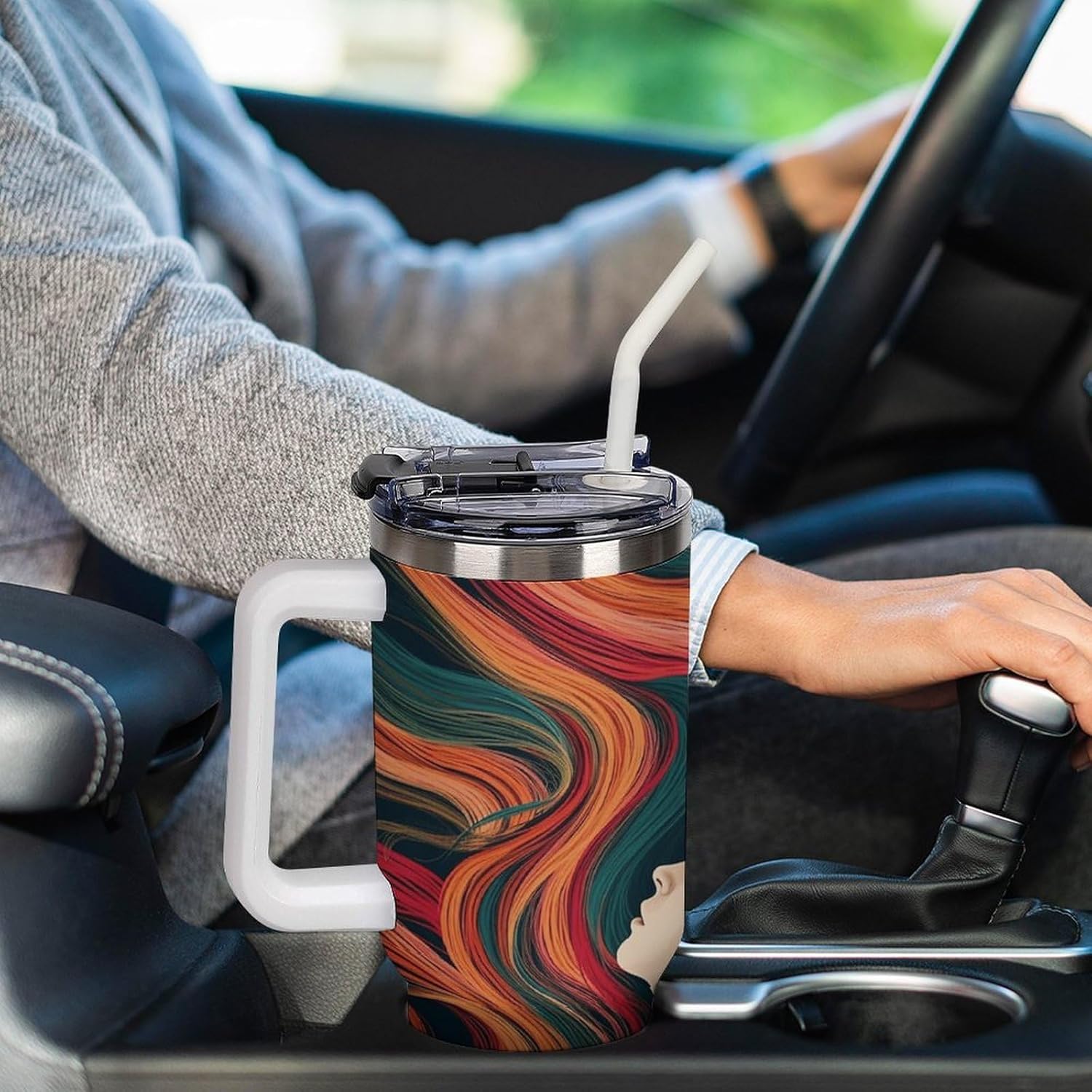 Large Car Cup with Handle&Lid Fashion Woman with Long Colorful Hair Tumbler Sturdy Insulated Water Bottle Stainless Steel Vacuum Travel Mug Portable Coffee Cup for Home Outdoor 40 Oz White-style