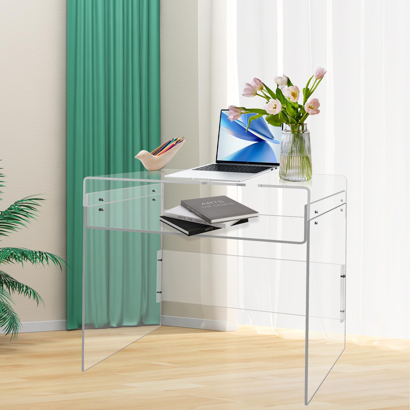 Orange Acrylic Desk Laptop Computer Workstation Study Table Modern Console Table High Top Entrance Table with Widened Baffles Writing Desk for Office Entryway Bedroom Living Room