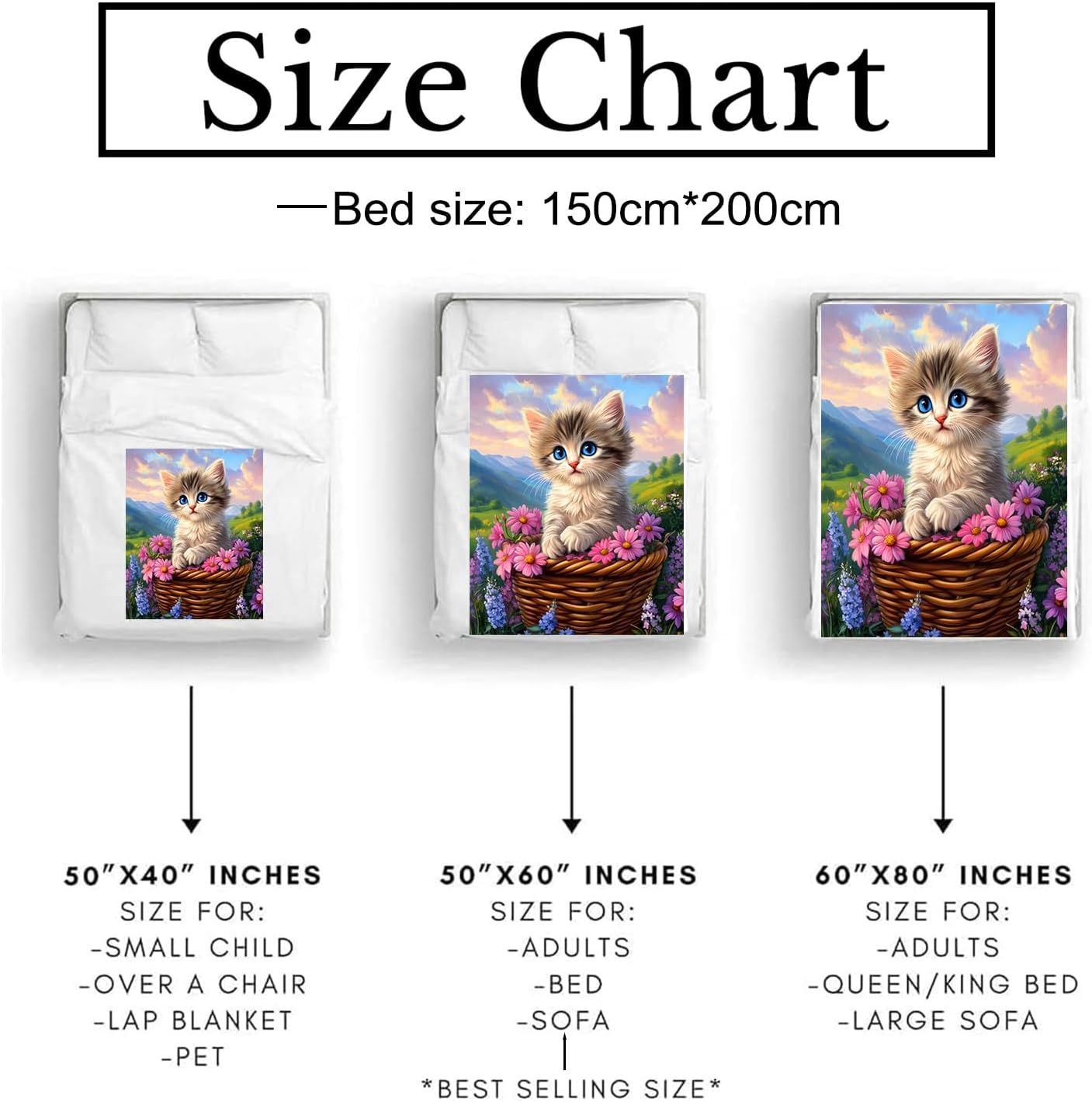 Lovely Cat with Flowers Blanket Soft Cozy Throw Blanket for Adults Women Kids - Warm Yet Lightweight Flannel Blankets for Travel, Couch, Bed, Fuzzy Outdoor Comfort Wrap 60"×50"