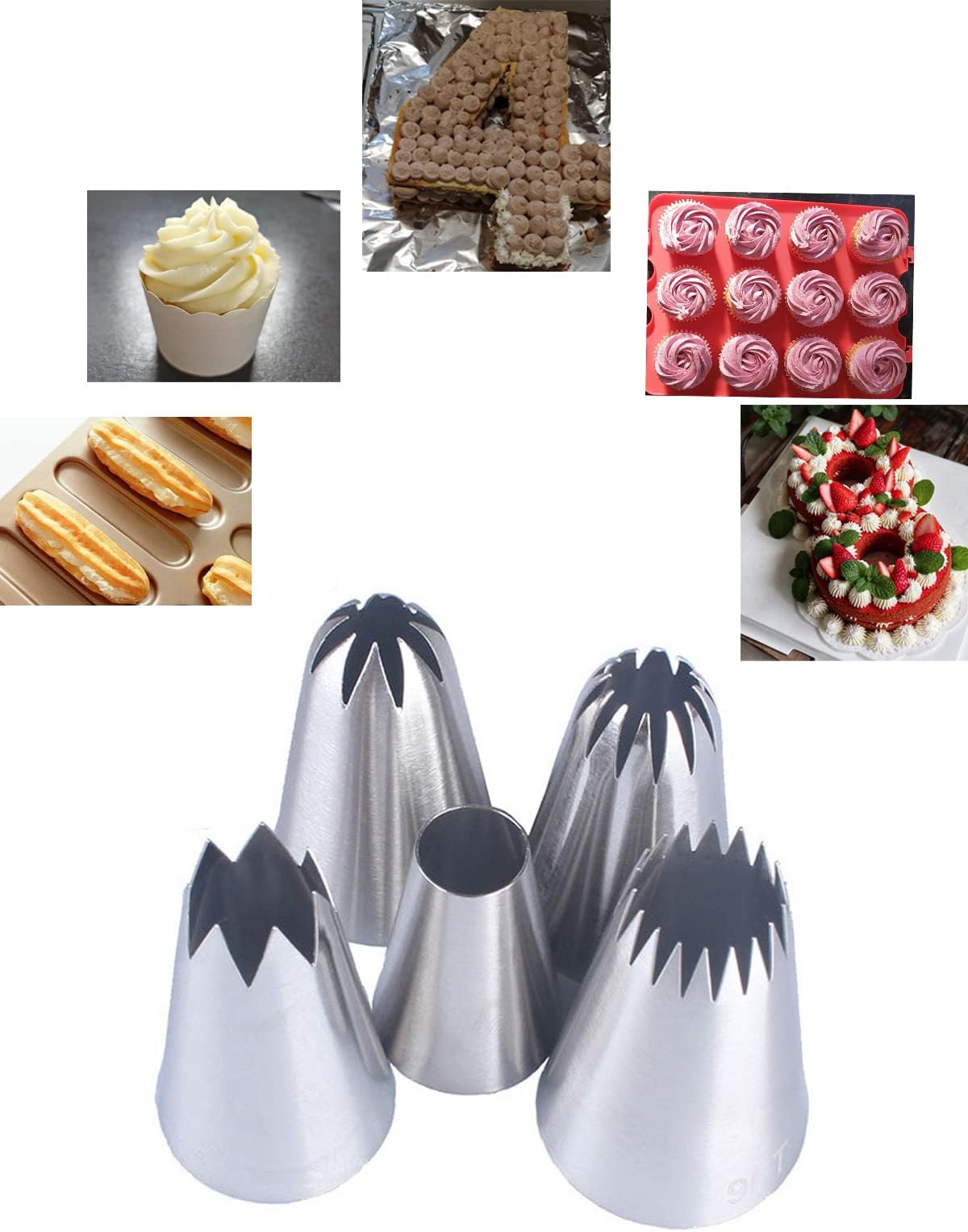 Piping Nozzles Large Icing Nozzle Tip,5 Pcs Pastry Nozzles with Big Star Nozzle Large Round Nozzle for Cake Cupcake Cookie Cream(1A,1C,1E,356,9FT)
