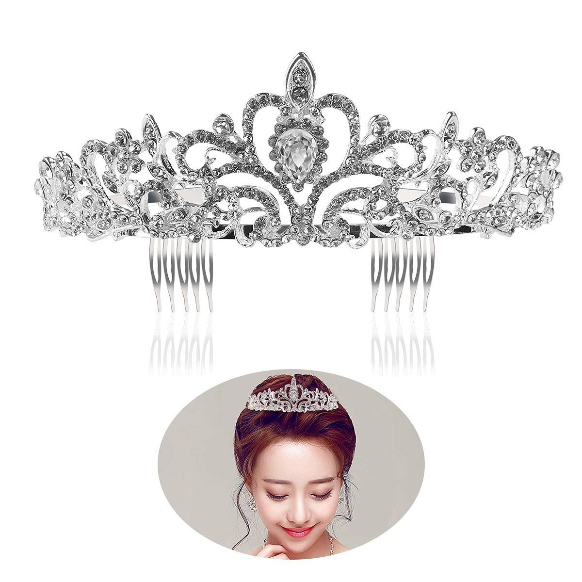 Tinksky Princess Tiara with Comb Shining Crystal Rhinestones Wedding Bridal Tiara Headband (Silver)