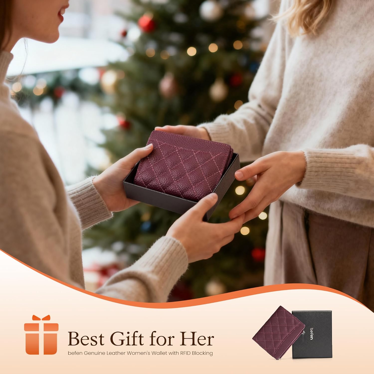 befen Real Leather Small RFID Blocking Wallet for Women with Credit Card Holder Zipper Coin Pocket Key Chain Wallets - Burgundy Red - Image 7