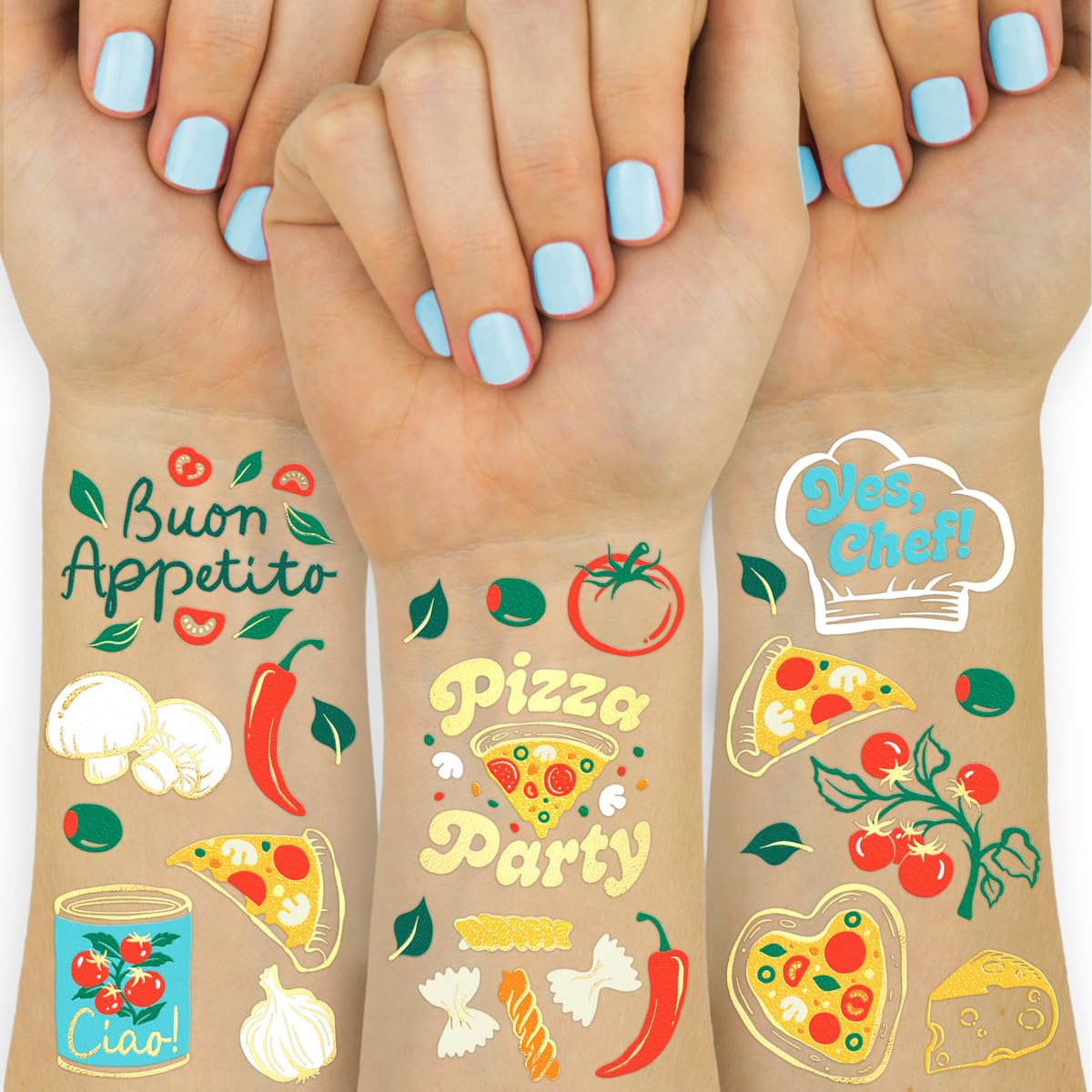 xo, Fetti Pizza Party Temporary Tattoos - 72 Gold Foil Pcs | Birthday Decorations, Cooking Class Accessory, Party Favor, Italian Activity