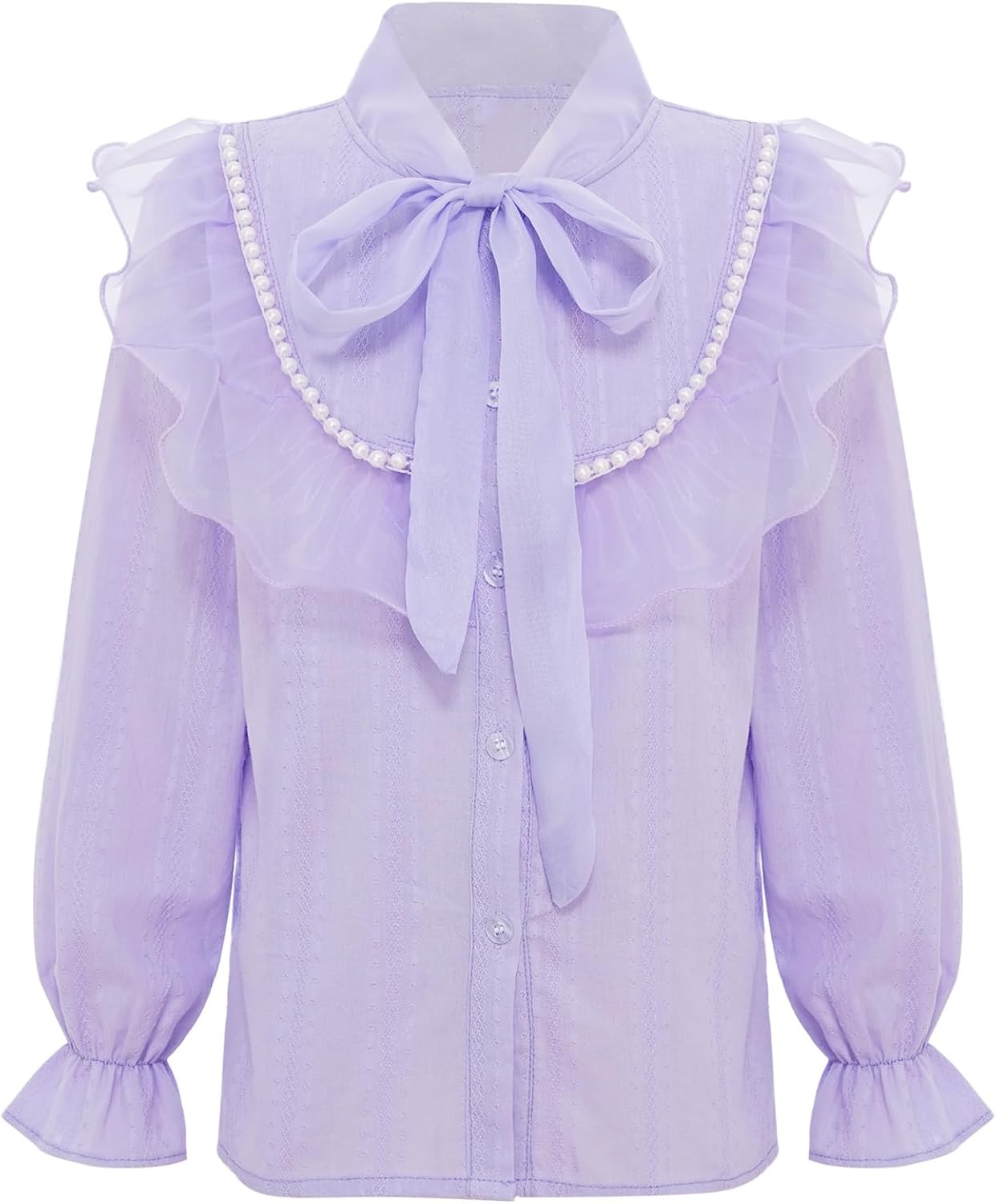 Kids Girls Elegant Pearls Ruffle Trim Button Down Shirt Cute Bow Tie Mock Neck Long Sleeve Blouse Top