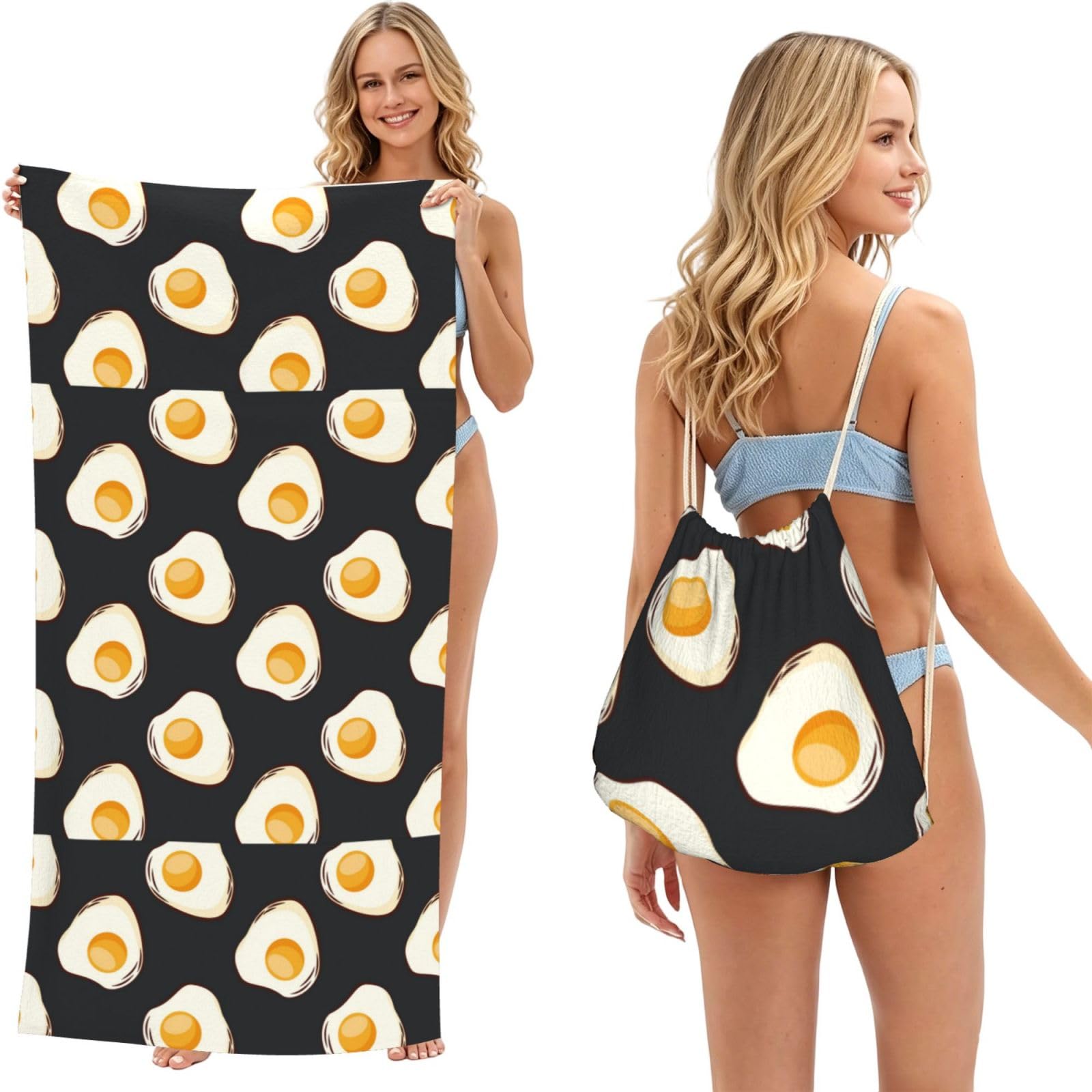 Poadnly As Picture Food Fried Eggs Dark, 2 In 1 Packable Towel Bag, Beach Towels With Drawstring Backpack For Travel Holiday Camping