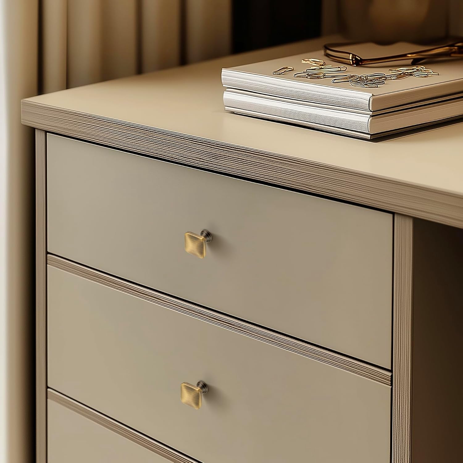 JOY DECOR 10 Pack Brushed Antique Brass Cabinet Knobs, 1-1/8 Inch Zinc Alloy Single Hole Drawer Pulls for Dressers, Cabinets and Kitchen Hardware