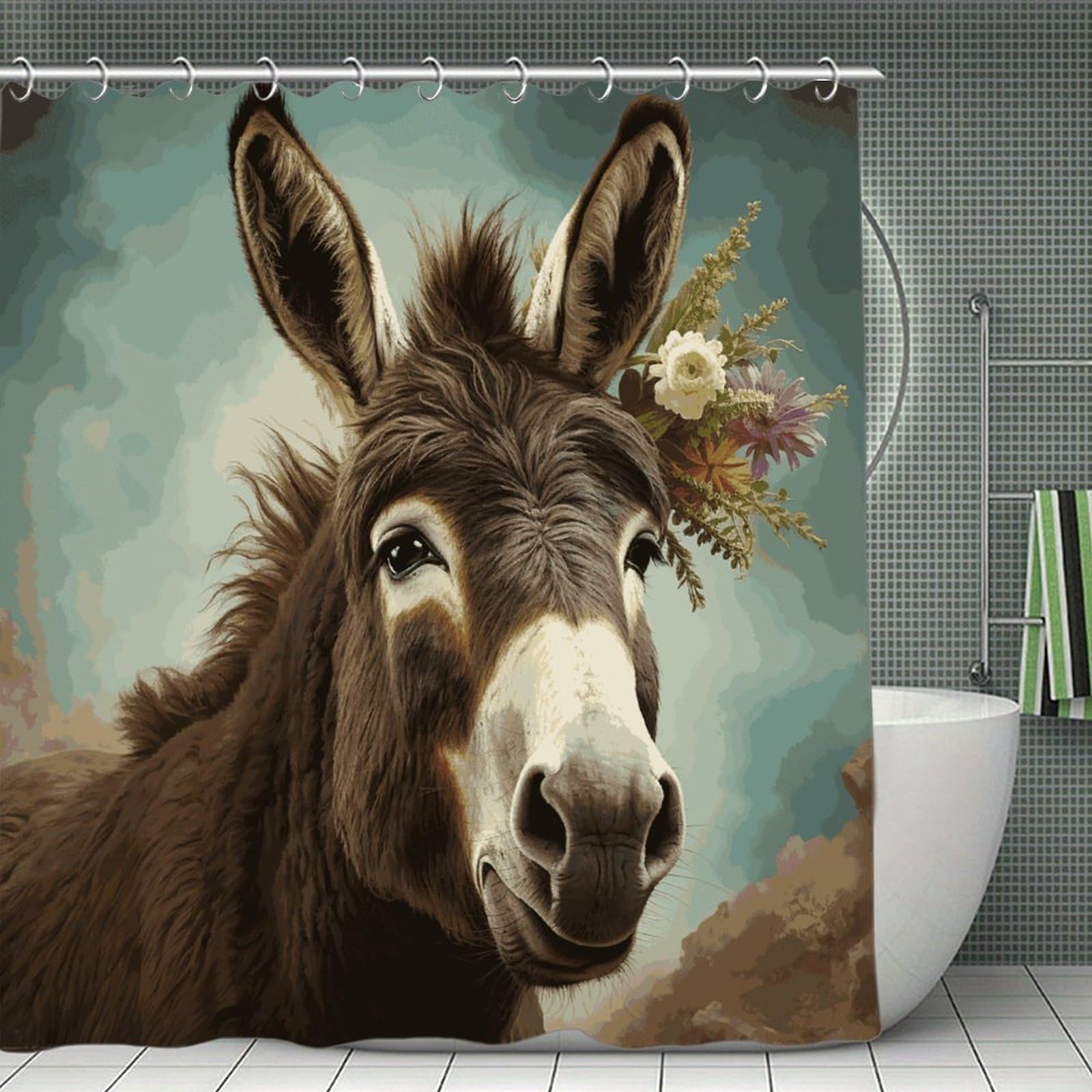 VstaDank Donkey Animals Shower Curtain Light-Weight Blackout Bathroom Curtain Washable Shower Liner 71x71 Inch Bath Curtain with Metal Holes Bathtub Bath Room