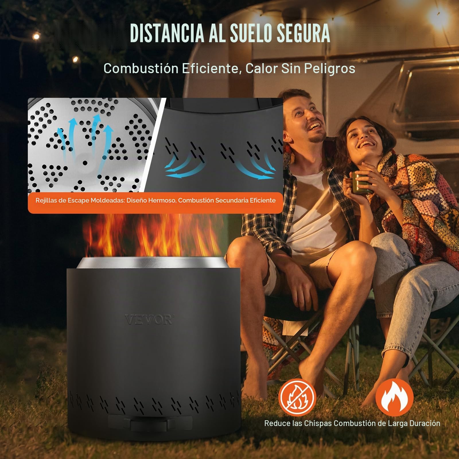 VEVOR Estufa de Fuego sin Humo, 390 mm de Alto, 400 mm de Diámetro, Chimeneas de Leña con Cenicero Extraíble Brasero Portátil para Exteriores de Acero Inoxidable SUS430 para Acampar en el Patio