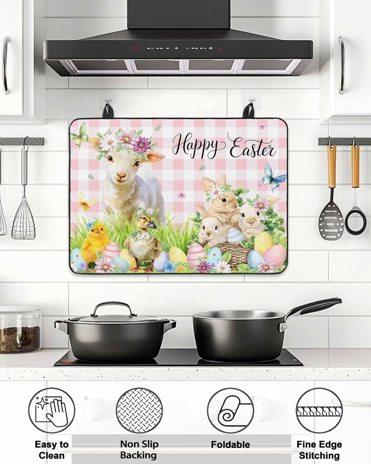 Easter Animals Stove Cover for Electric Stove, Watercolor Rabbits Sheep Duck Eggs Pink Plaid Stove Top Cover for Glass Top, Heat Insulation Rubber Mat Foldable Cooktop Top Protector, 28.5"x20.5"