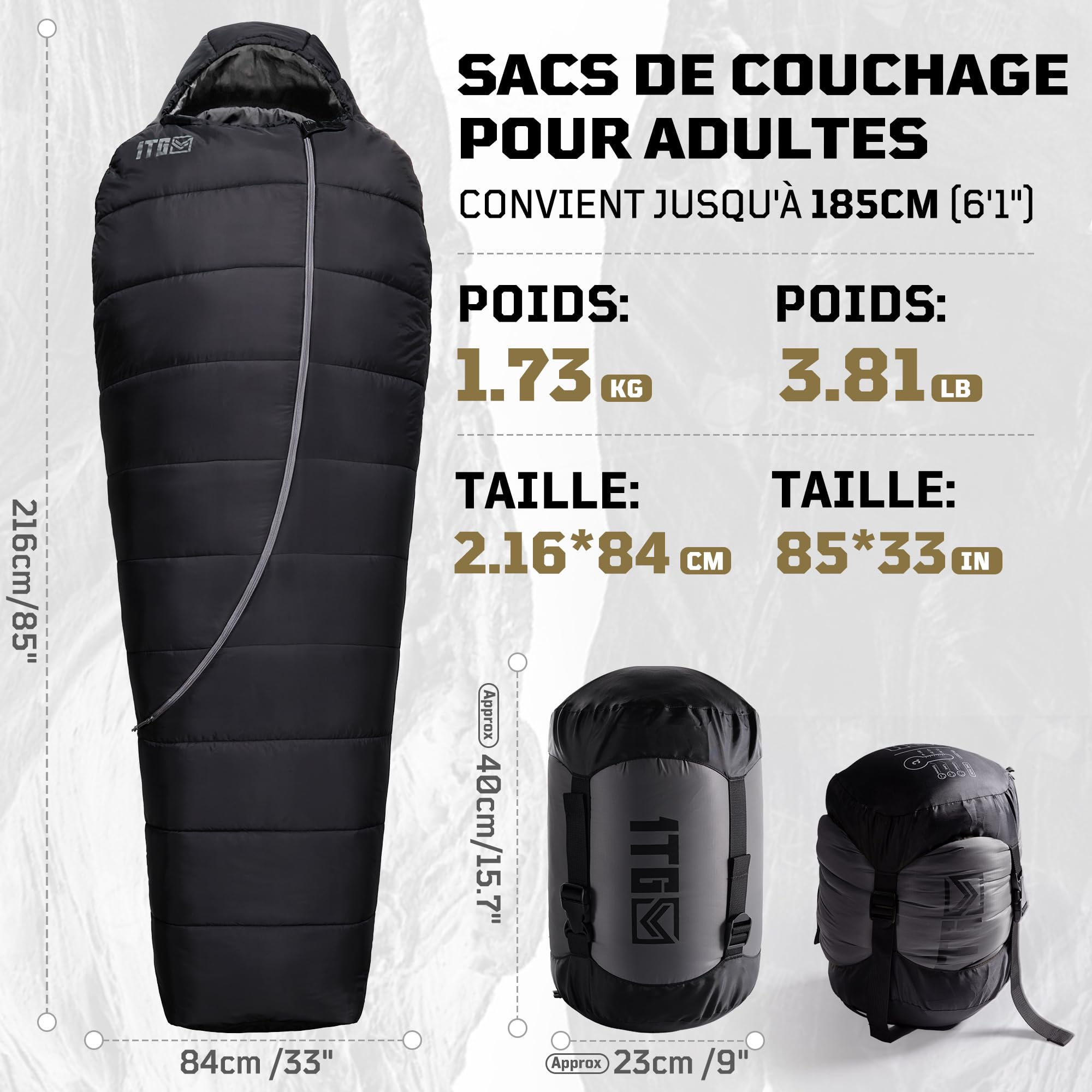 Sac de Couchage Momie 3 Saisons Adulte, Léger et Compact, Déperlant, Confort pour Nuits Fraîches, Idéal pour Camping, Vanlife, Festival et Road Trip, jusqu'à 185 cm