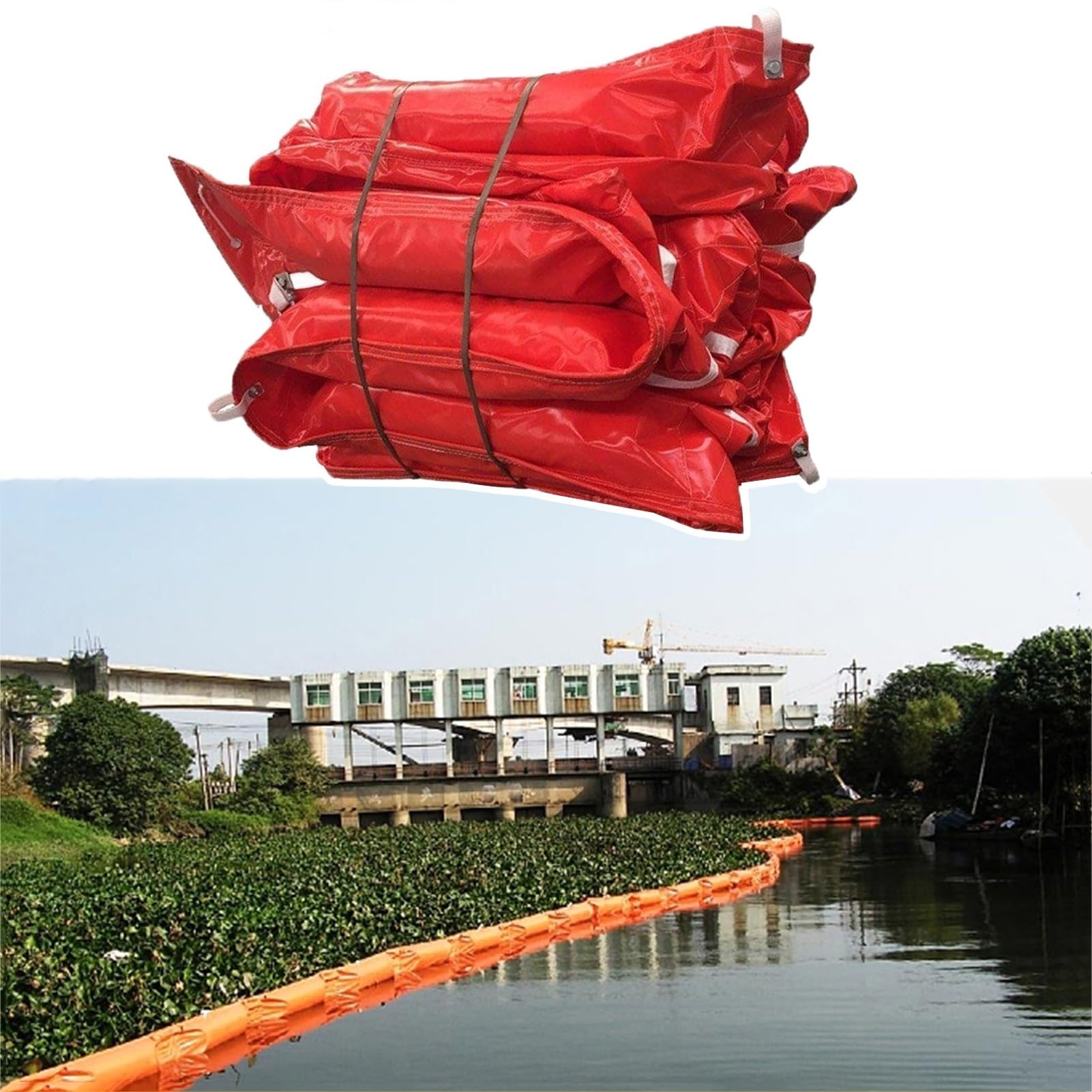 DUANHOZ PVC Oil Boom,Waterweed Oil Spill Boom - PVC Floating Containment Barrier, 20m (65.6ft) Long, 110cm (43.25") Flood Response Bag for Marine Emergency Cleanup