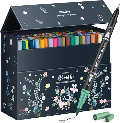 Ohuhu 160 Colouring Pens: Dual Tip Brush Pens Felt Tip Pens Art Markers Set with Fineliner, for Adults Colouring Book Drawing Calligraphy Sketching Journal, Art Gift, Maui - Black