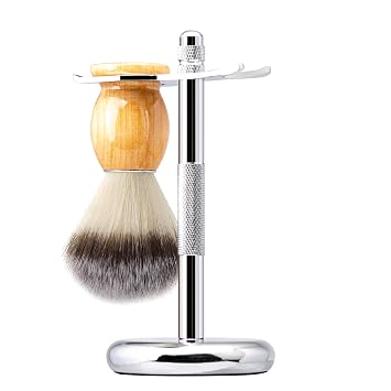 Safety Razor and Brush Stand Holder with Synthetic Hair Shaving Brush with Solid Wood Handle Prolong The Life of Your Shaving Brush