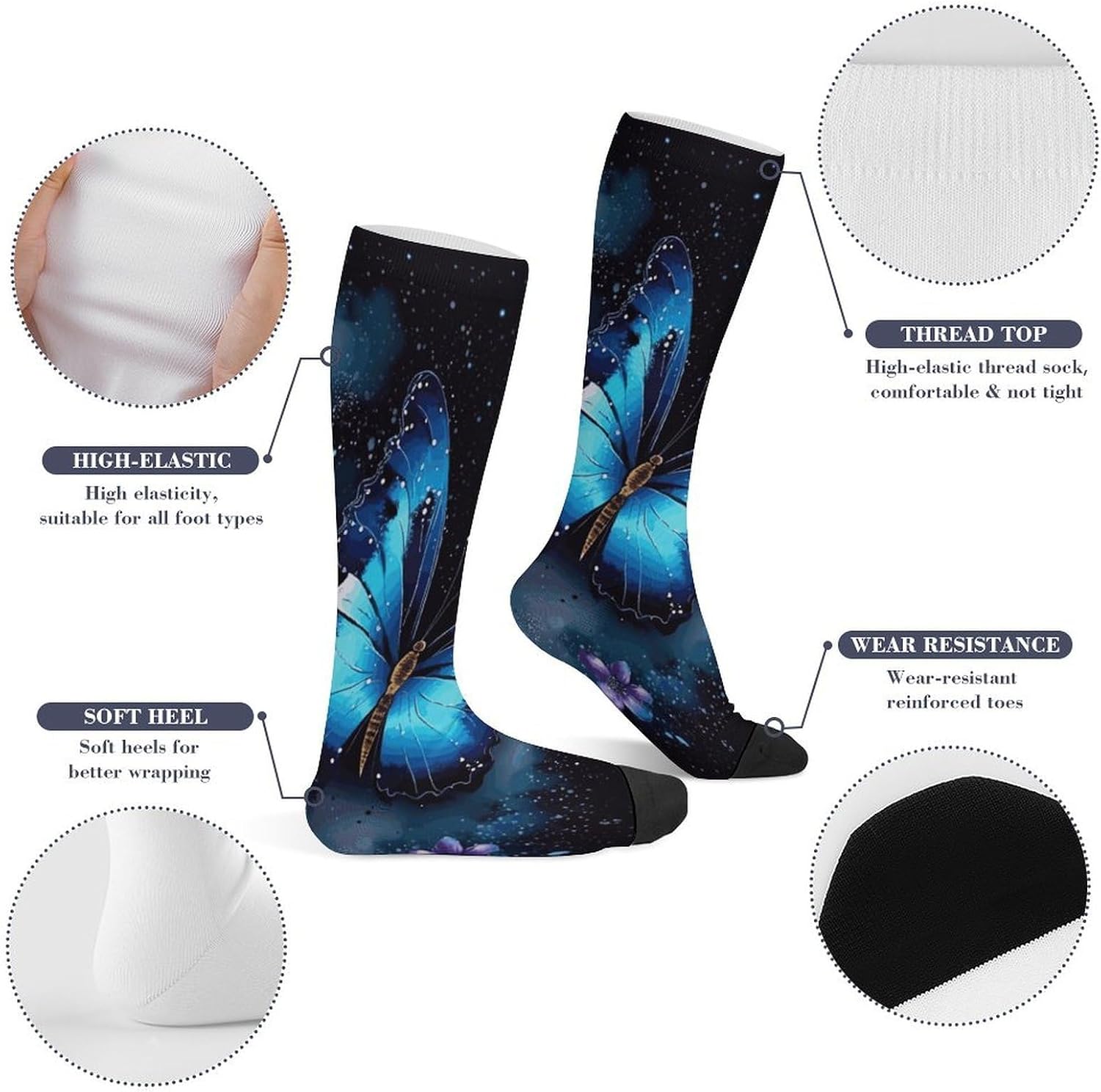 Galaxy Blue Butterfly Knee High Soccer Socks Moisture Wicking