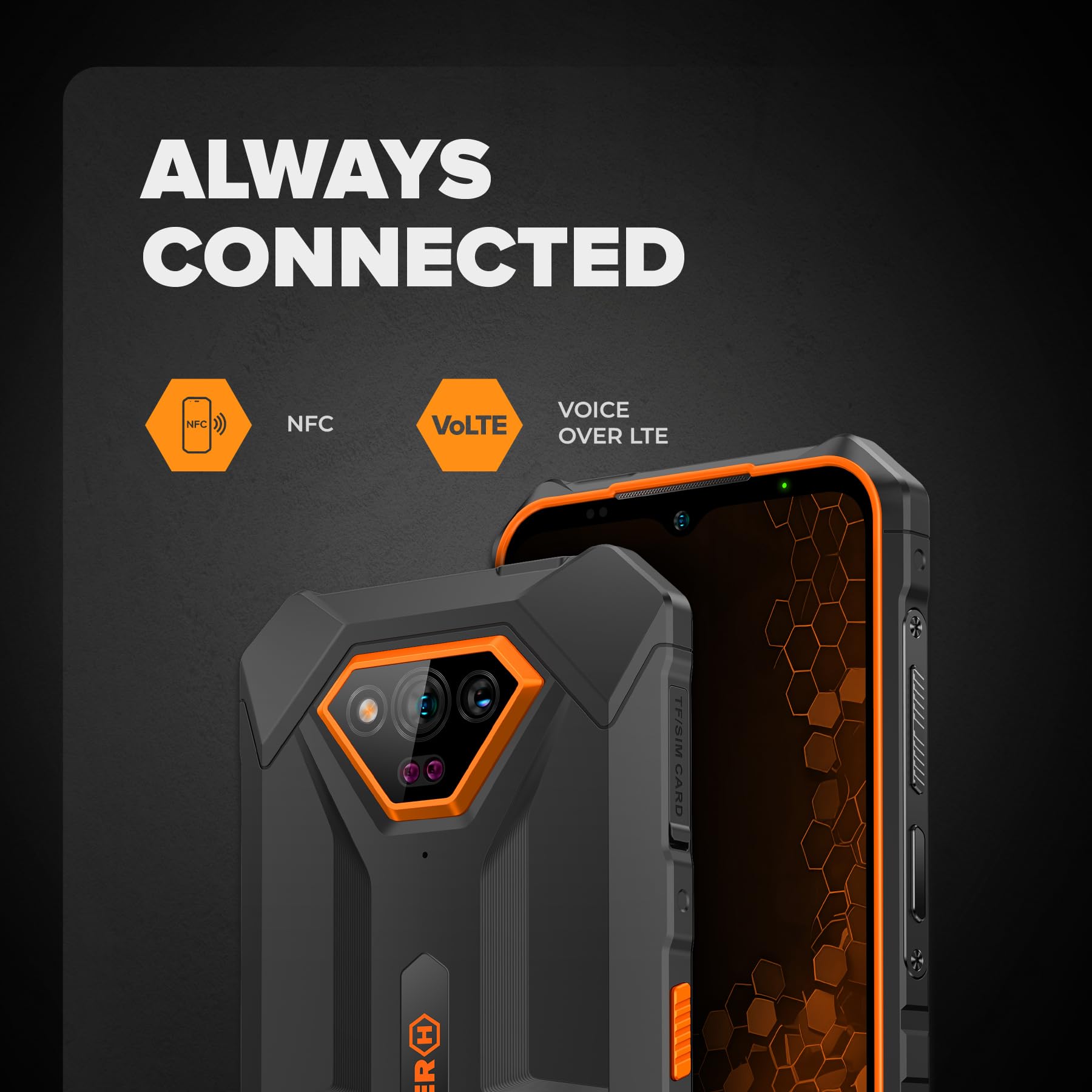 Hammer Iron V 6GB/64GB Telefono Indistruttibile, Camera 50 MP + Visione Notturna 24 MP, Batteria 6320 mAh, NFC, Smartphone Rugged Con Dual SIM, IP69, Display 6,5", Nero/Arancione