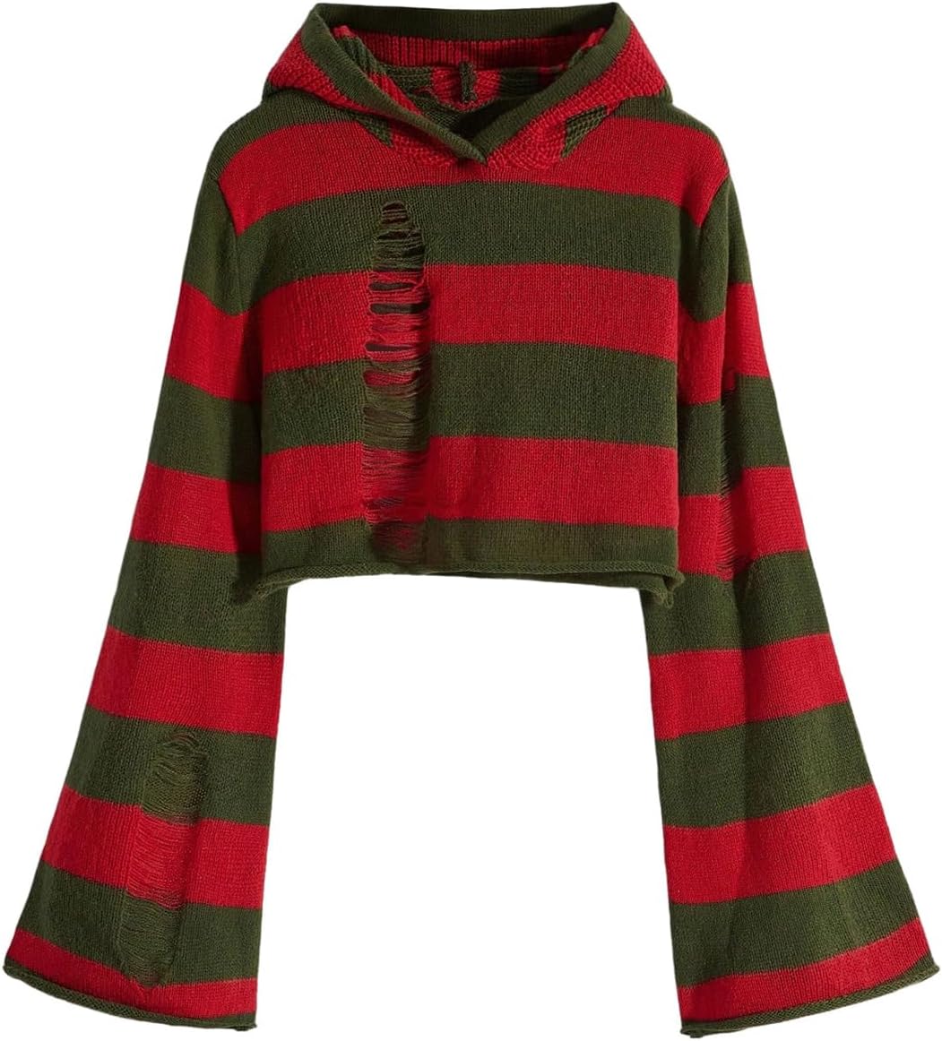 SOLY HUX Women's Striped Hooded Sweater Goth Y2k Ripped Bell Long Sleeve Knit Pullover Crop Tops