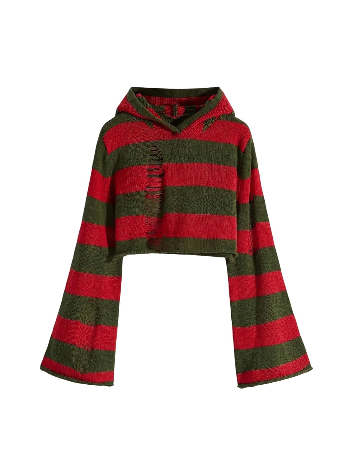SOLY HUX Womens Striped Hooded Sweater Goth Y2k Ripped Bell Long Sleeve Knit Pullover Crop Tops