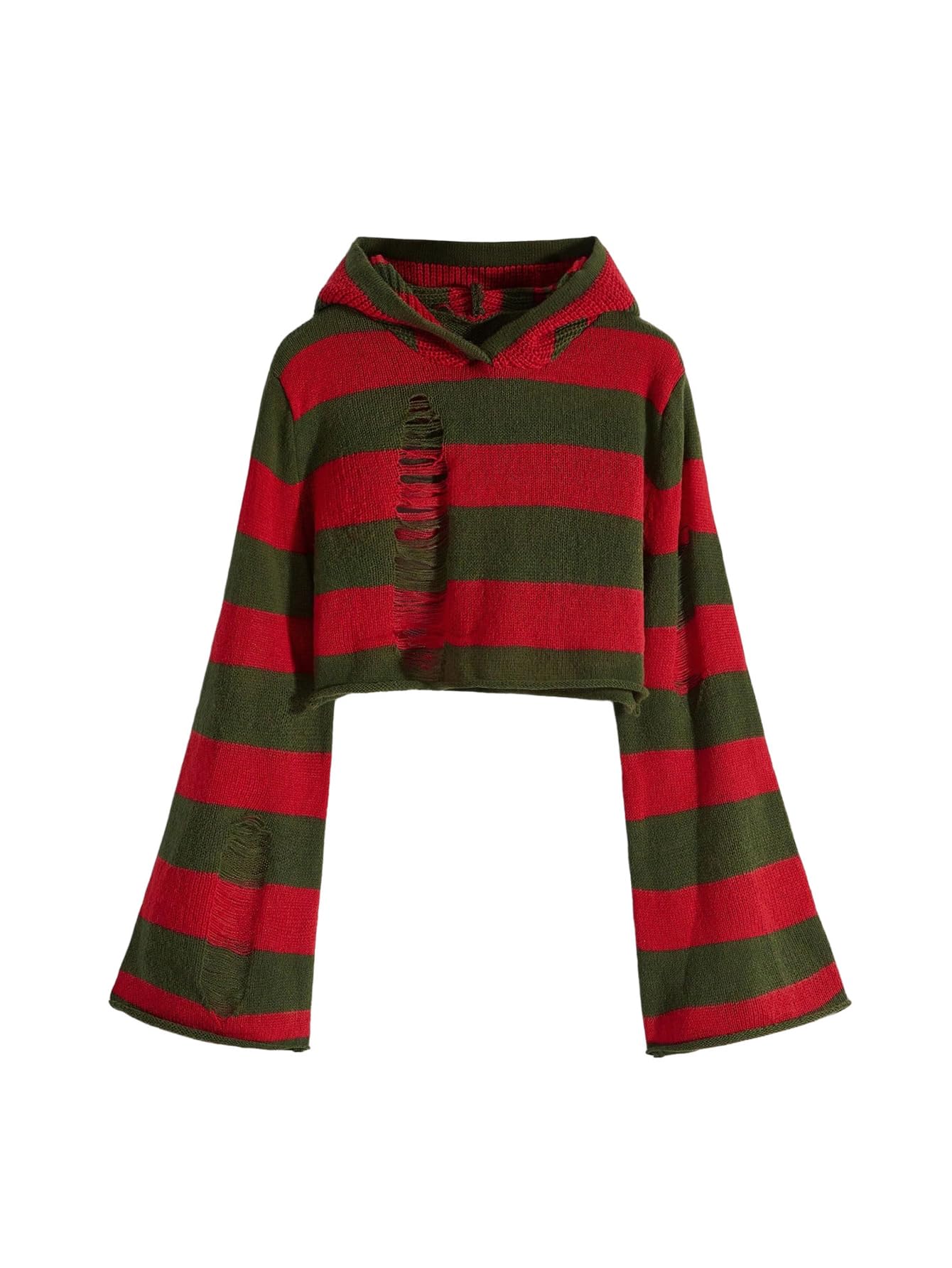 SOLY HUX Womens Striped Hooded Sweater Goth Y2k Ripped Bell Long Sleeve Knit Pullover Crop Tops