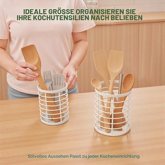 QIWODE Kitchen Utensil Holder Drip Round Cutlery Holder Kitchen Storage Basket for Spoons Spatulas Knives Forks Metal Wire White