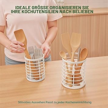 QIWODE Kitchen Utensil Holder Drip Round Cutlery Holder Kitchen Storage Basket for Spoons Spatulas Knives Forks Metal Wire White