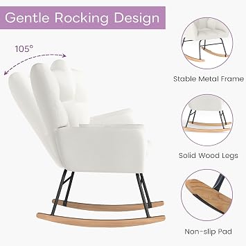Murago Rocking Chair Nursery, Nursery Rocking Chairs, Baby Rocker, Glider Rocker, Safety Anti Tip Design, 440 Lb. Capacity, Cotton Fabric Cover, White
