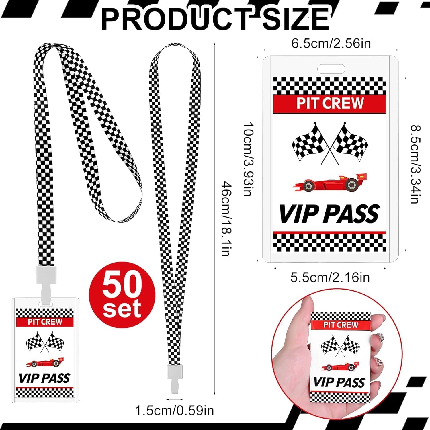 50 Sets Racing VIP Pass Cards with Checkered Lanyards Bulk PVC VIP Pass Cards Breakaway with White and Black Race Flag Lanyards for Event Gamer Race Car Theme Birthday Party Fast One Party Supplies