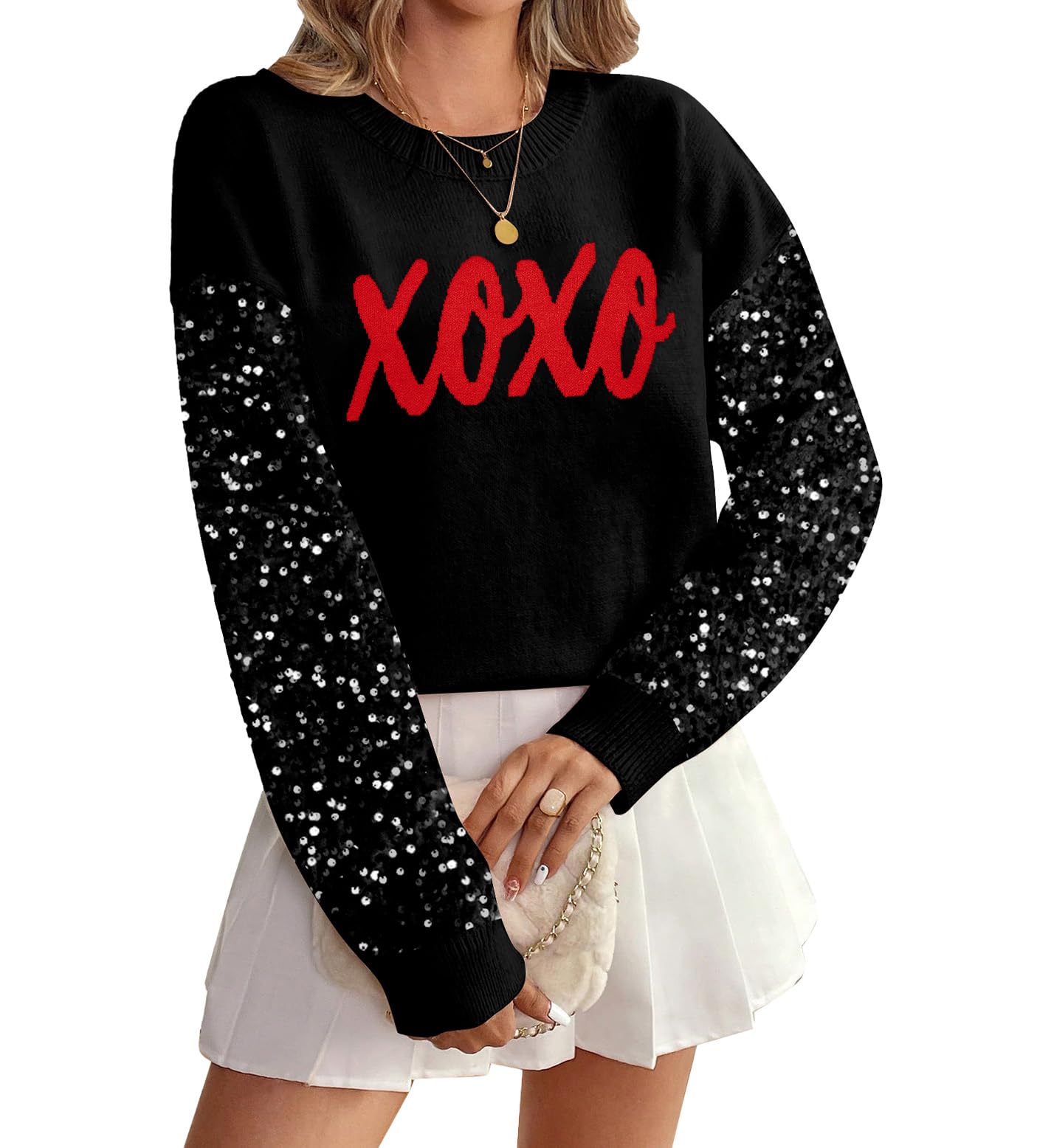 Valentines Sequin Sweater Womens Love Heart Valentines Day Outfit Crewneck Long Sleeve Holiday Knit Pullover Top