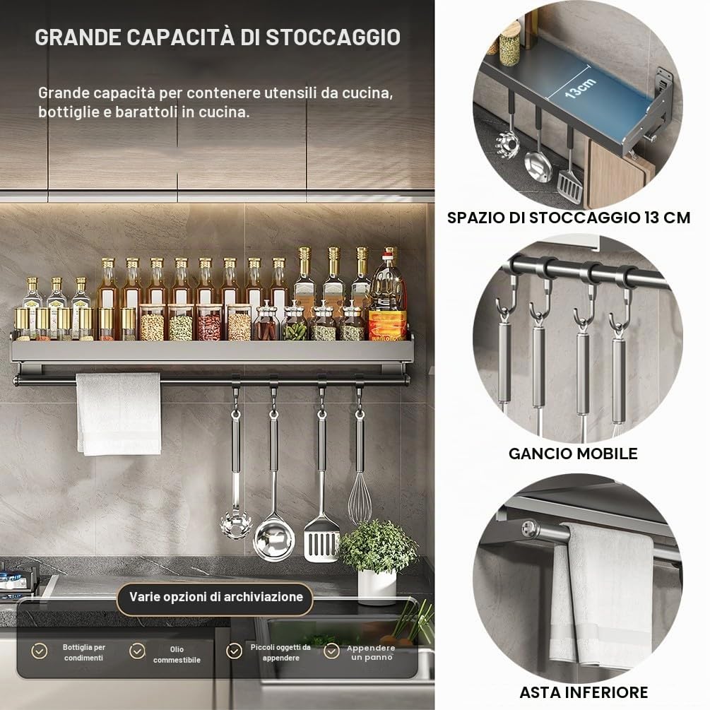 Mensola da cucina a parete con porta rotolo e ganci, portaspezie, senza trapano, organizer in metallo inox per appendere spezie e utensili, 60 cm