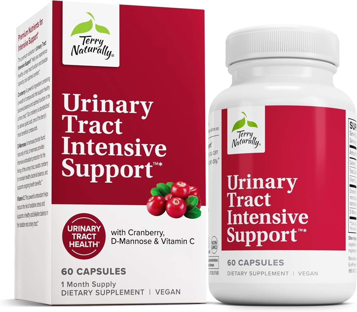 Terry Naturally Urinary Tract Intensive Support - Supplement with Cranberry for Bladder Health Support - Kidney Health Supplement with D-Mannose & Vitamin C - 60 Capsules (30 Servings)