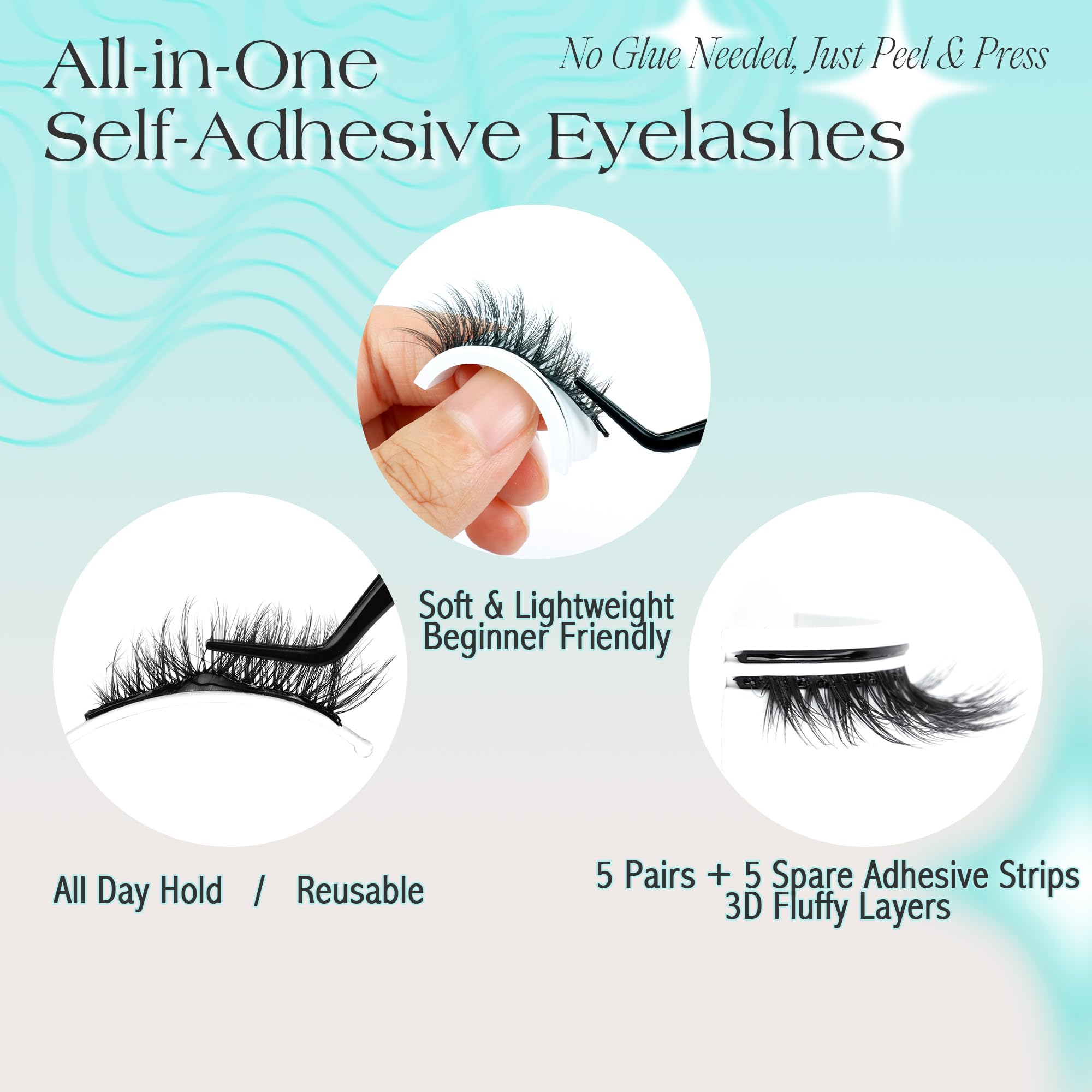 Bepholan Self Adhesive Eyelashes Natural Look,Pre Glued No Glue Needed Reusable Press On Lashes False Eyelashes Wispy with Tweezer of Replacement Adhesive Strips 8-14mm 5 Pairs(CVJ205)