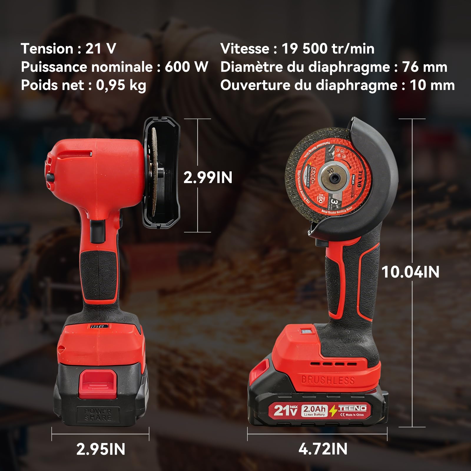 Meuleuse d'angle TEENO 21 V à balais, 19 500 tr/min, équipée de 2 batteries de 2 000 mAh et de 6 disques abrasifs, outil électrique de découpe adapté au métal, au bois et au carrelage