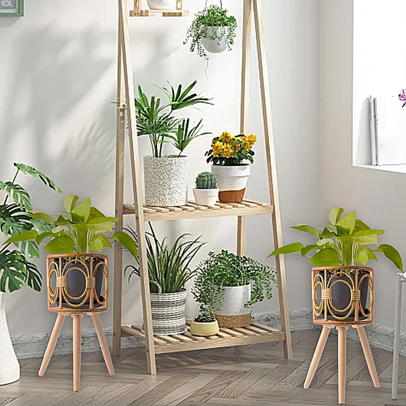 Rattanowy Kwietnik Ręcznie Robiona Drewniana Półka Na Rośliny Boho | Stojący Podłogowy Stołek Półka Salon, Sypialnia, Biuro, Wnętrze, Zewnątrz, Taras, Balkon, Ogród, Kwiaty, Sukulenty