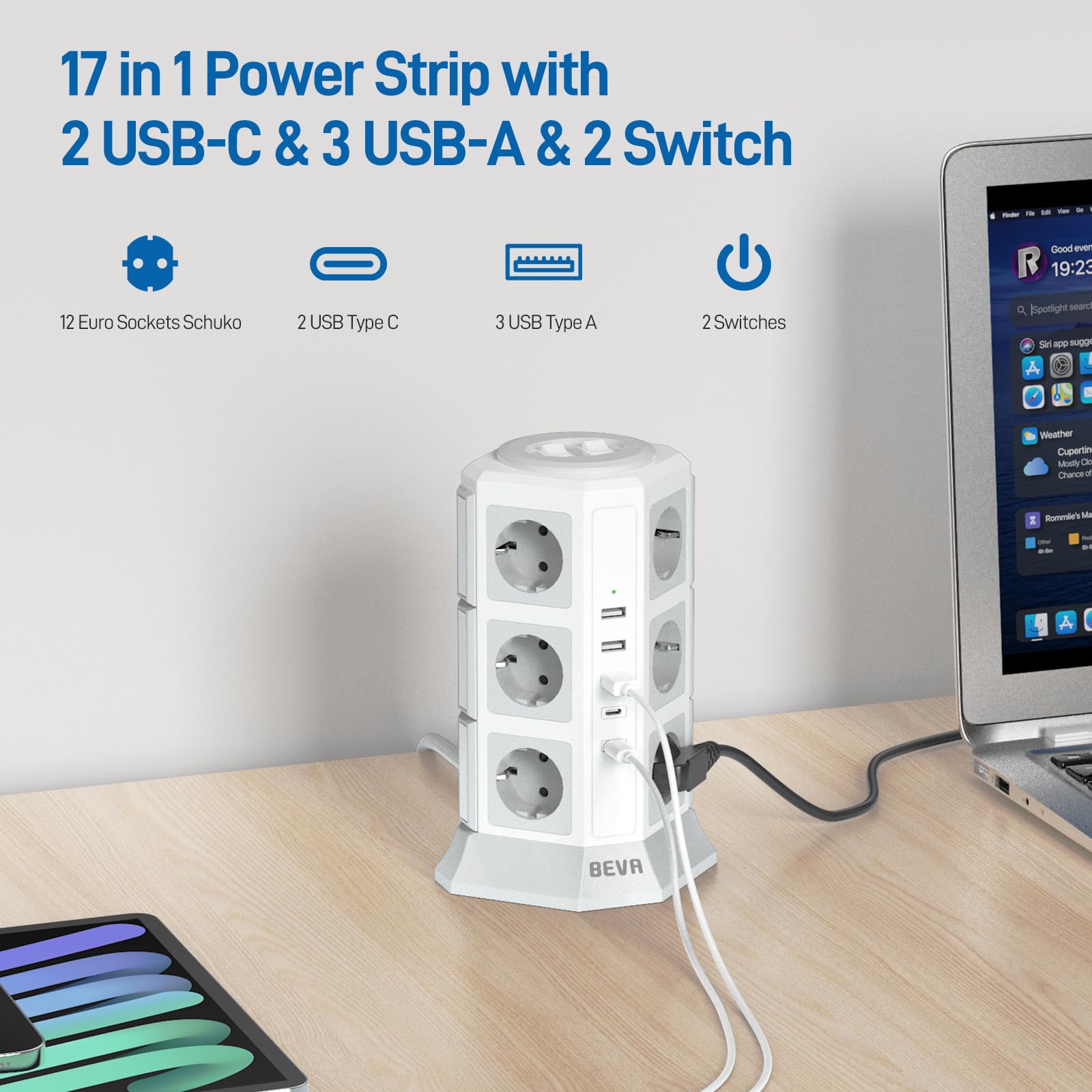 BEVA Multipresa Ciabatta Elettrica, Multipresa Verticale con 5 Porte USB e 12 Prese AC, 2 Interruttori, Cortocircuito e Surge protezione (2500W / 10A), 2M Cavo (Bianca)