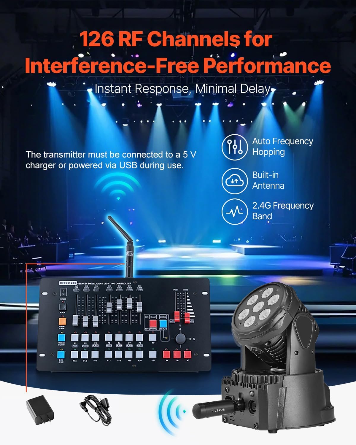VEVOR Wireless DMX, 8 PCS Built-in Rechargeable Battery 7 Receivers & 1 Transmitter DMX512 Wireless Dfi 2.4G ISM Band 656 ft Transmission Range for LED Stage Party DJ Bar Lighting with Storage Bag