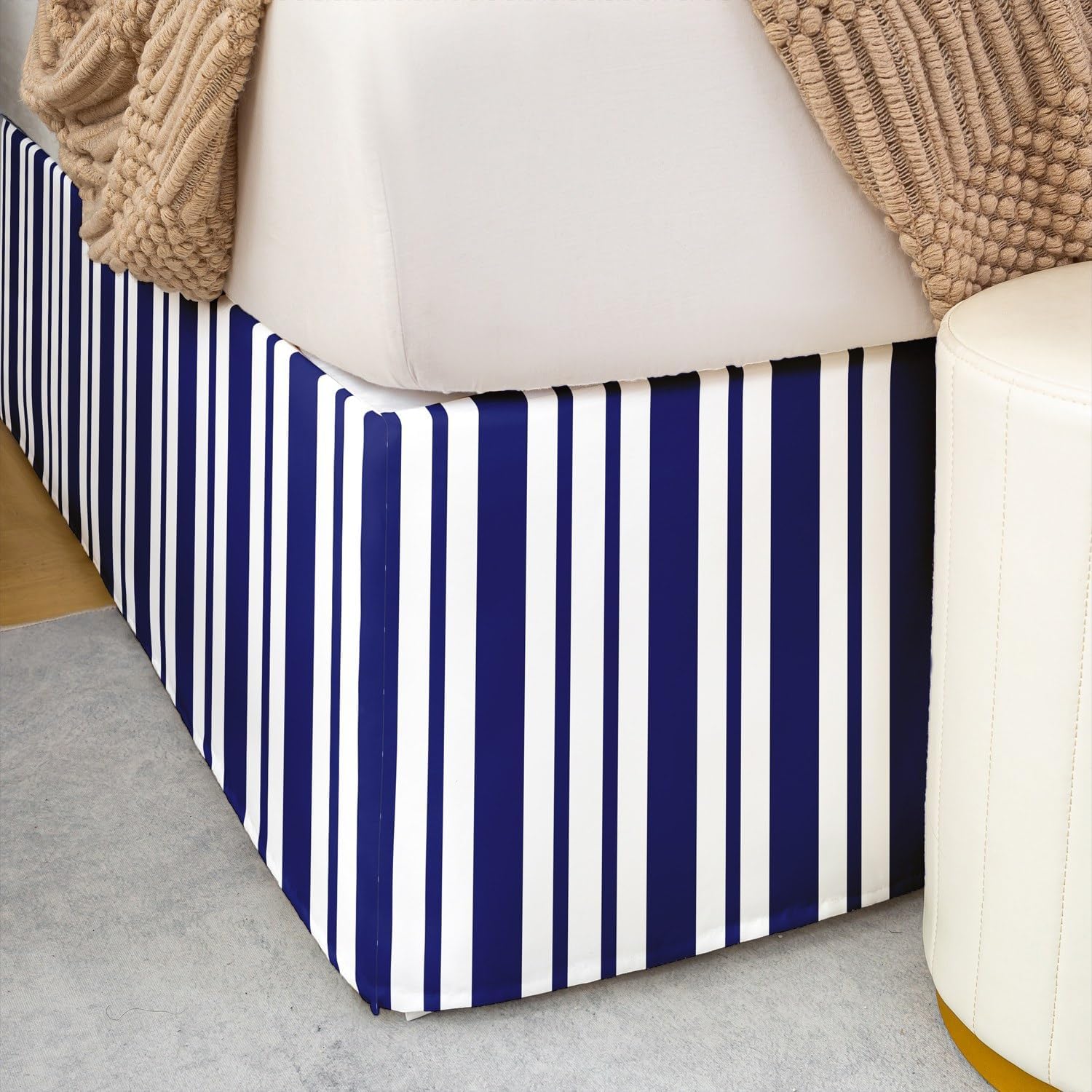 Blue White Stripe Bed Skirt Queen Size,Geometric Bedskirt Dust Ruffle 15 Inch for Kids Boys Girls Modern Fitted Sheet,Chic Wrap Around Microfiber Luxury Bed Skirts for Bedroom Decor