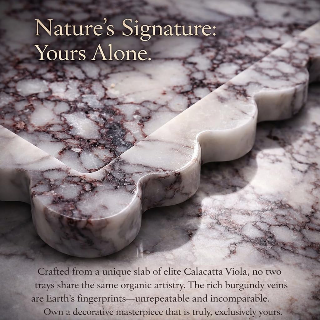 14" x 10" Large Genuine Calacatta Viola Scalloped Marble Tray, Pre-Sealed for Stain & Water Resistance, Luxury Decorative Trays for Vanity, Bathroom, Dresser, Coffee Table, Home Decor