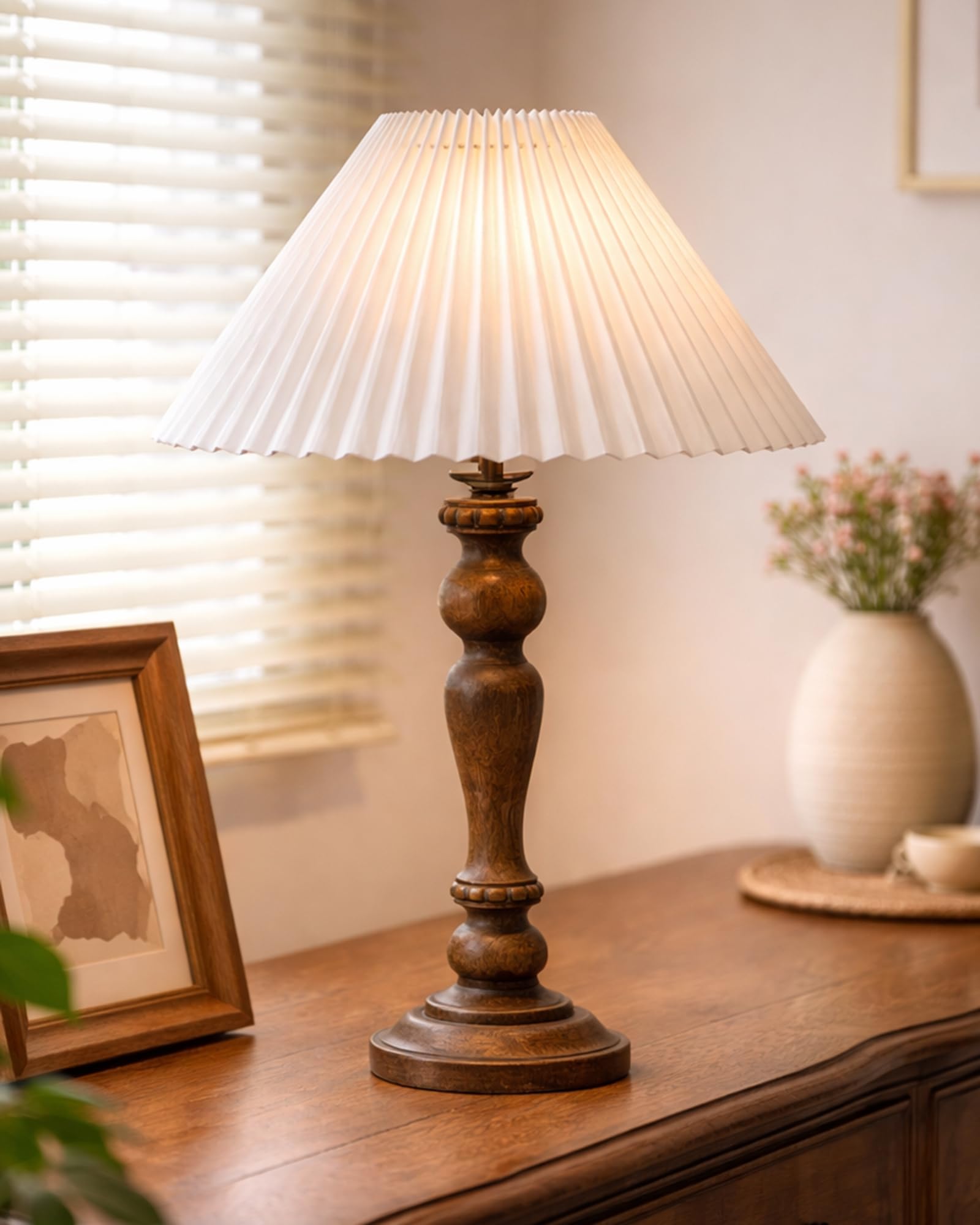 Homesake® Handcrafted Wooden Table Lamp for Bedroom & Living Room | Decorative Bedside Reading Lamp with Shade, E27 Holder | Bulb Included | Eureka Polka Base for Home Décor, (Pleated White)-image-5