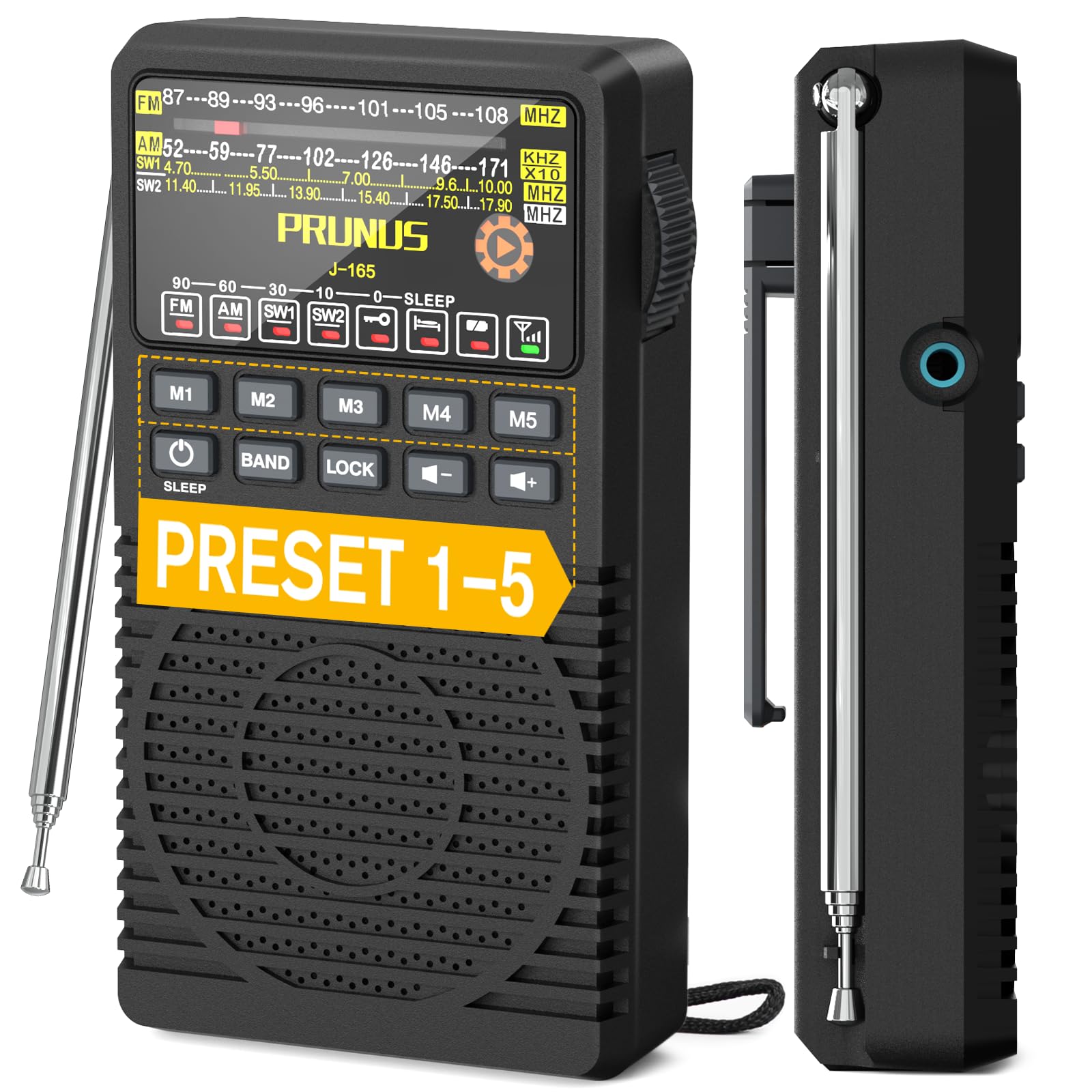 PRUNUS J-165 Portable Radio front view kalayan tampilan sareng tombol